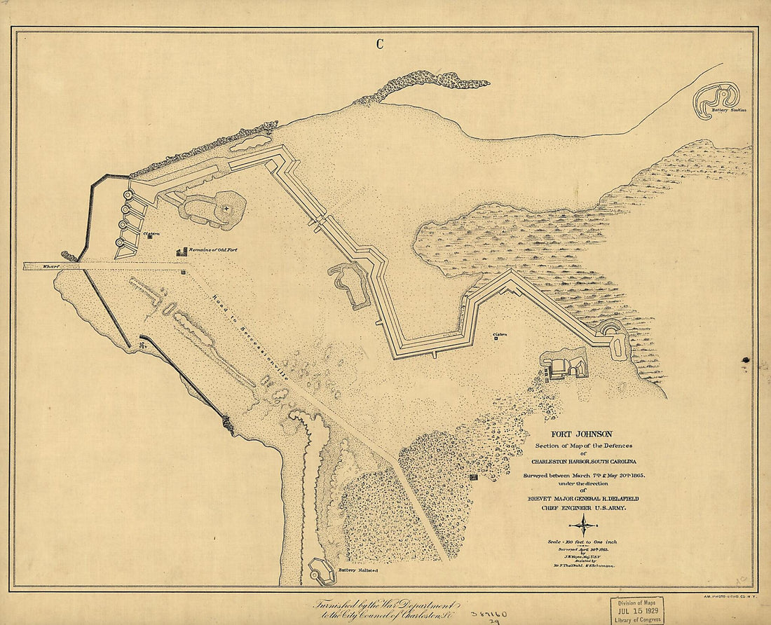 This old map of Fort Johnson, Section of Map of the Defences of Charleston Harbor, South Carolina from 1865 was created by United States. Army. Corps of Engineers in 1865