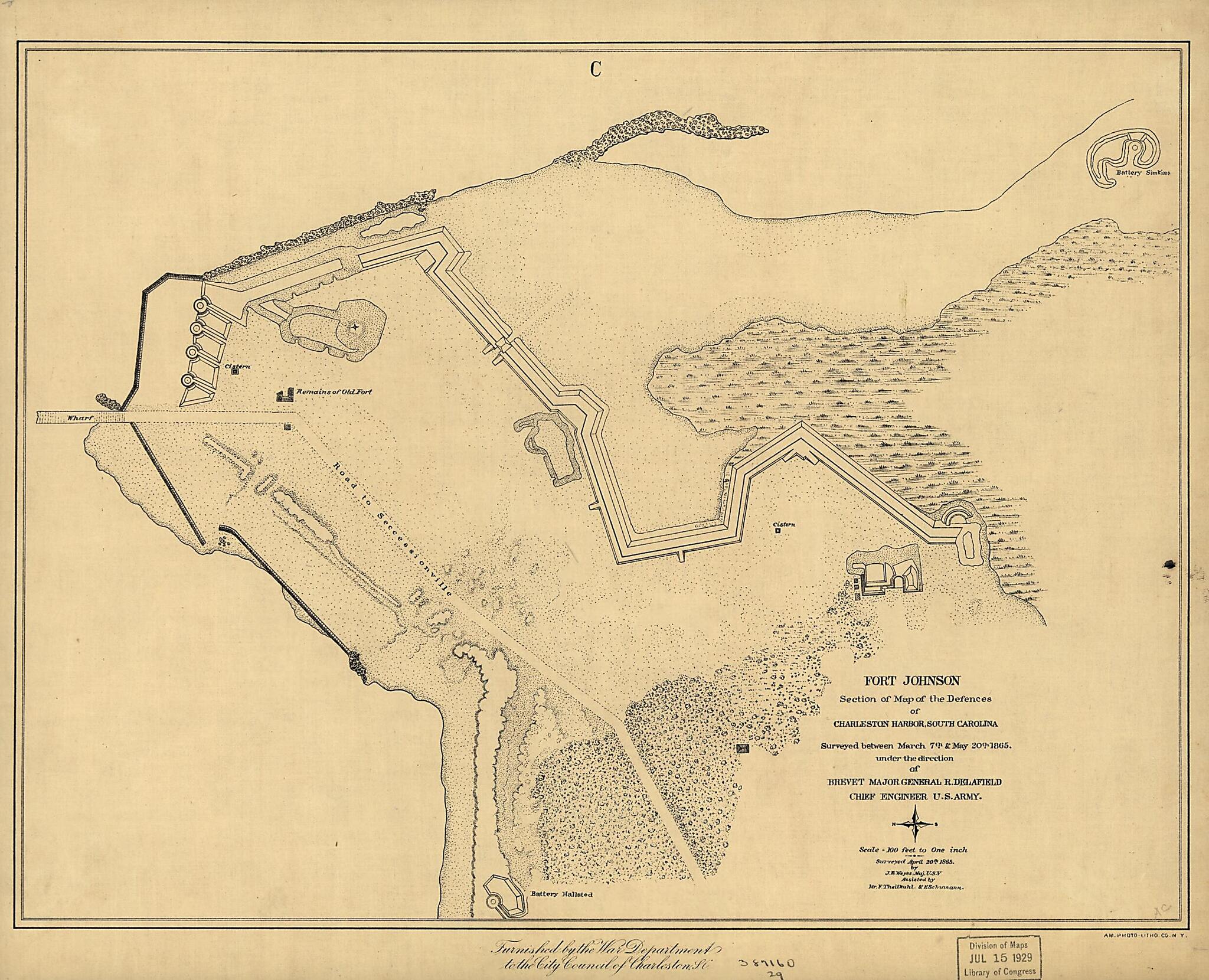 This old map of Fort Johnson, Section of Map of the Defences of Charleston Harbor, South Carolina from 1865 was created by United States. Army. Corps of Engineers in 1865