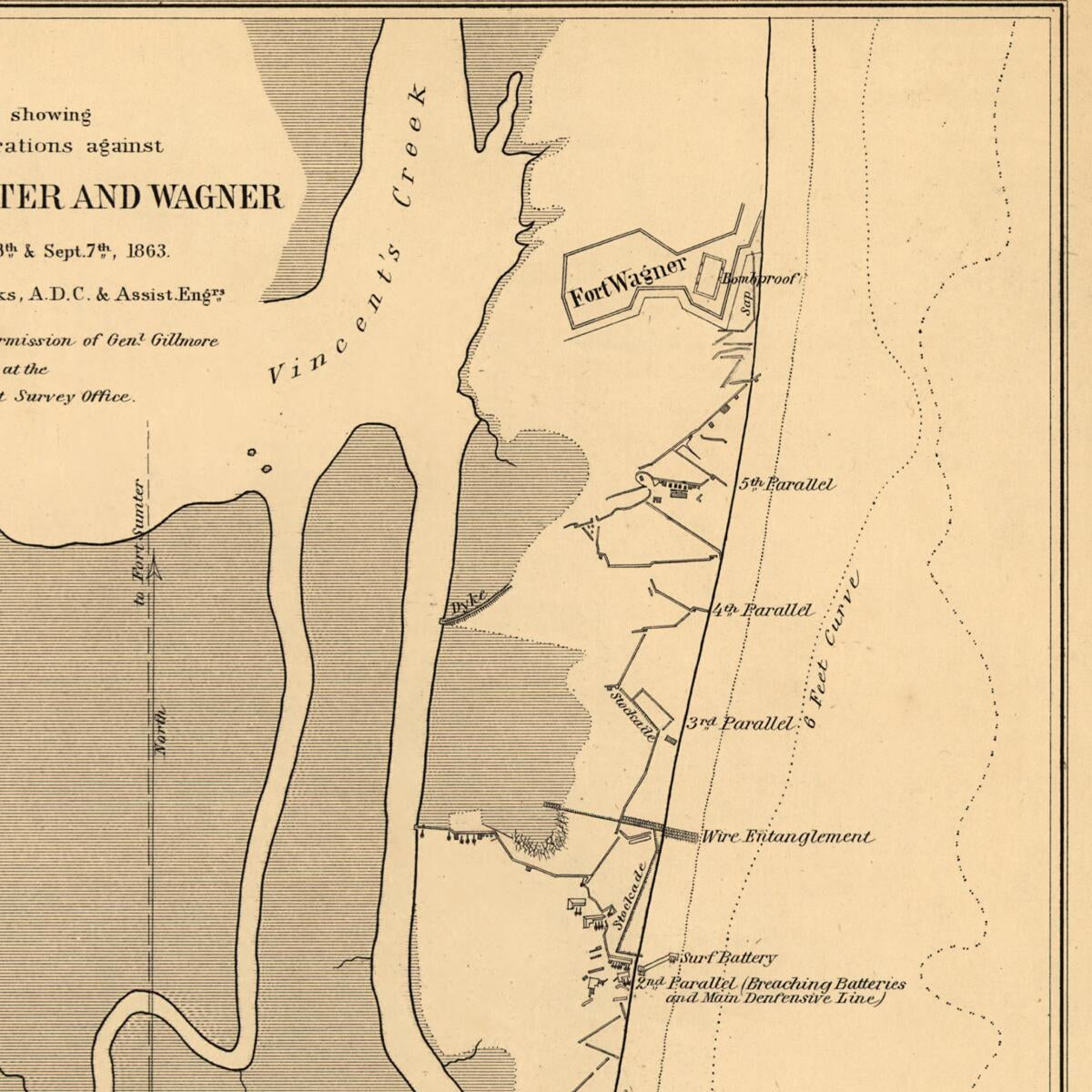This old map of Map Showing Siege Operations Against Forts Sumter and Wagner, Between July 13th & Sept. 7th, from 1863, Maj. T. B. Brooks, A.D.C. & Assist. Engrs. Published by Permission of Genl. Gillmore at the U.S. Coast Survey Office was created by T.