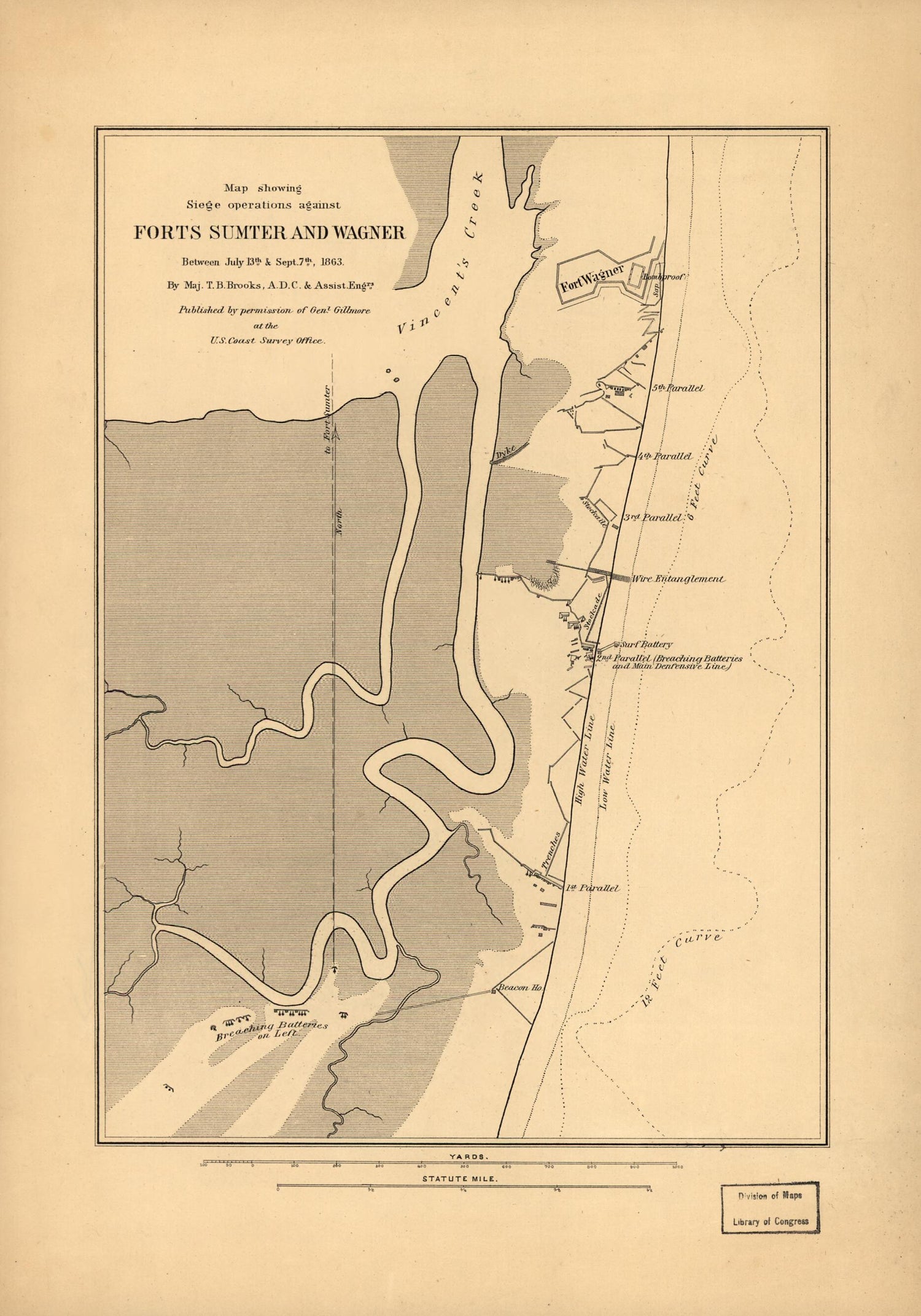 This old map of Map Showing Siege Operations Against Forts Sumter and Wagner, Between July 13th & Sept. 7th, from 1863, Maj. T. B. Brooks, A.D.C. & Assist. Engrs. Published by Permission of Genl. Gillmore at the U.S. Coast Survey Office was created by T.
