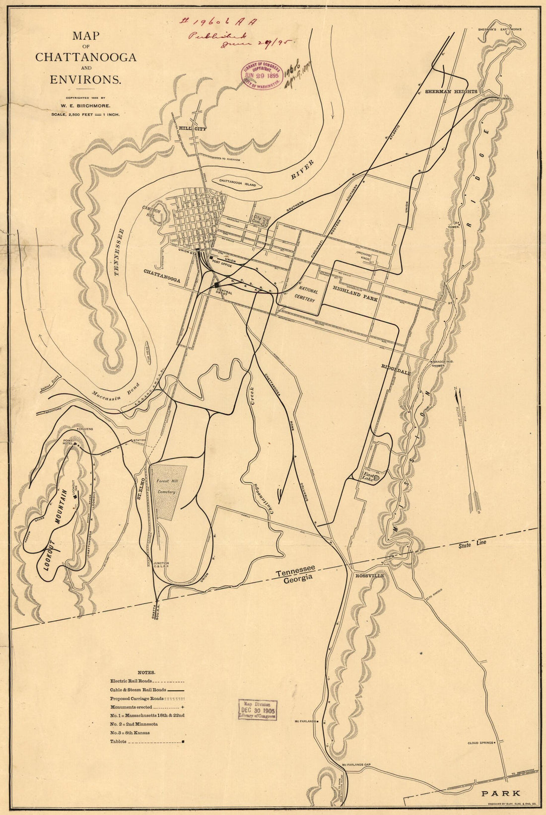This old map of Map of Chattanooga and Environs. Copyright from 1895 by W. E. Birchmore. Engraved by Buffalo Elec. & Eng. Co was created by Francis Lynde in 1895