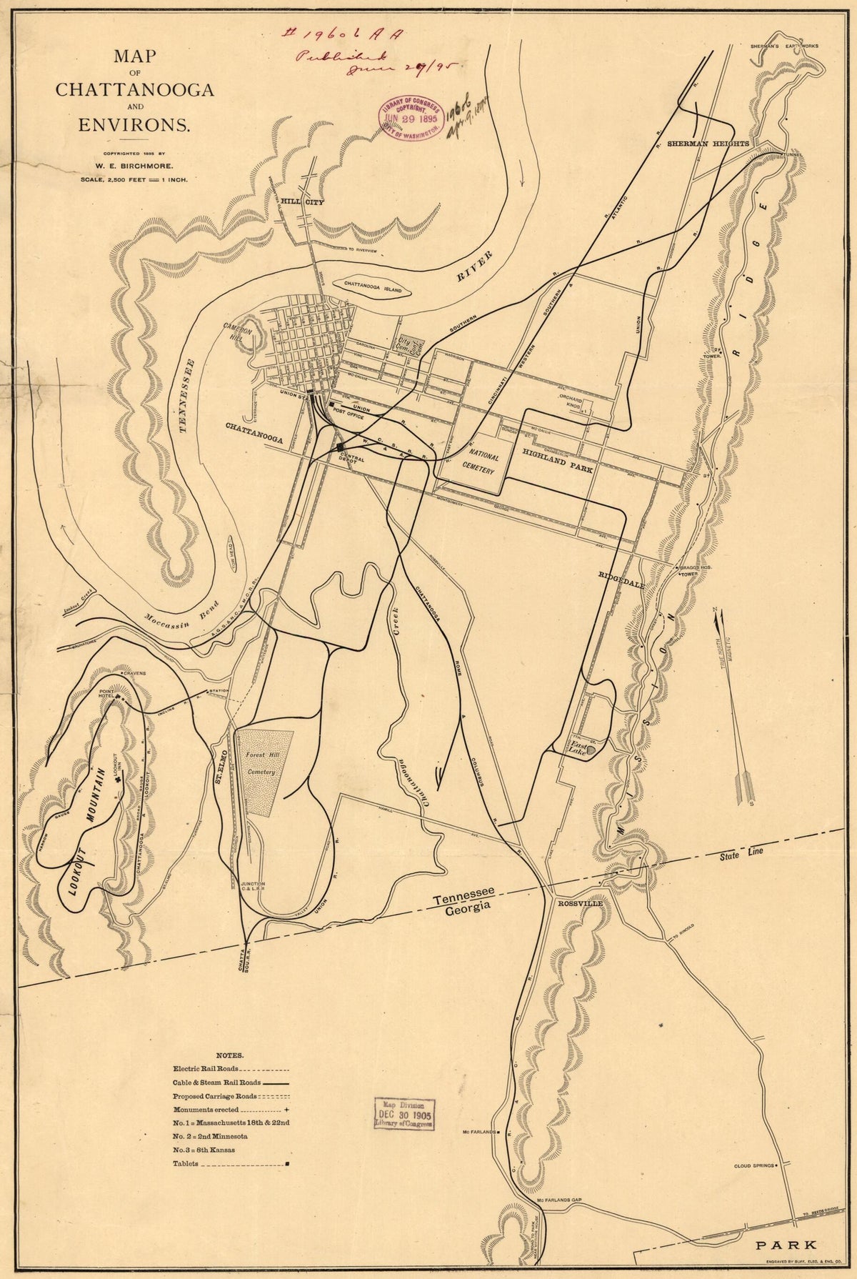 Map of Chattanooga and Environs. Copyright 1895 by W. E. Birchmore. Engraved by Buffalo Elec. & Eng. Co by Relic Map Company