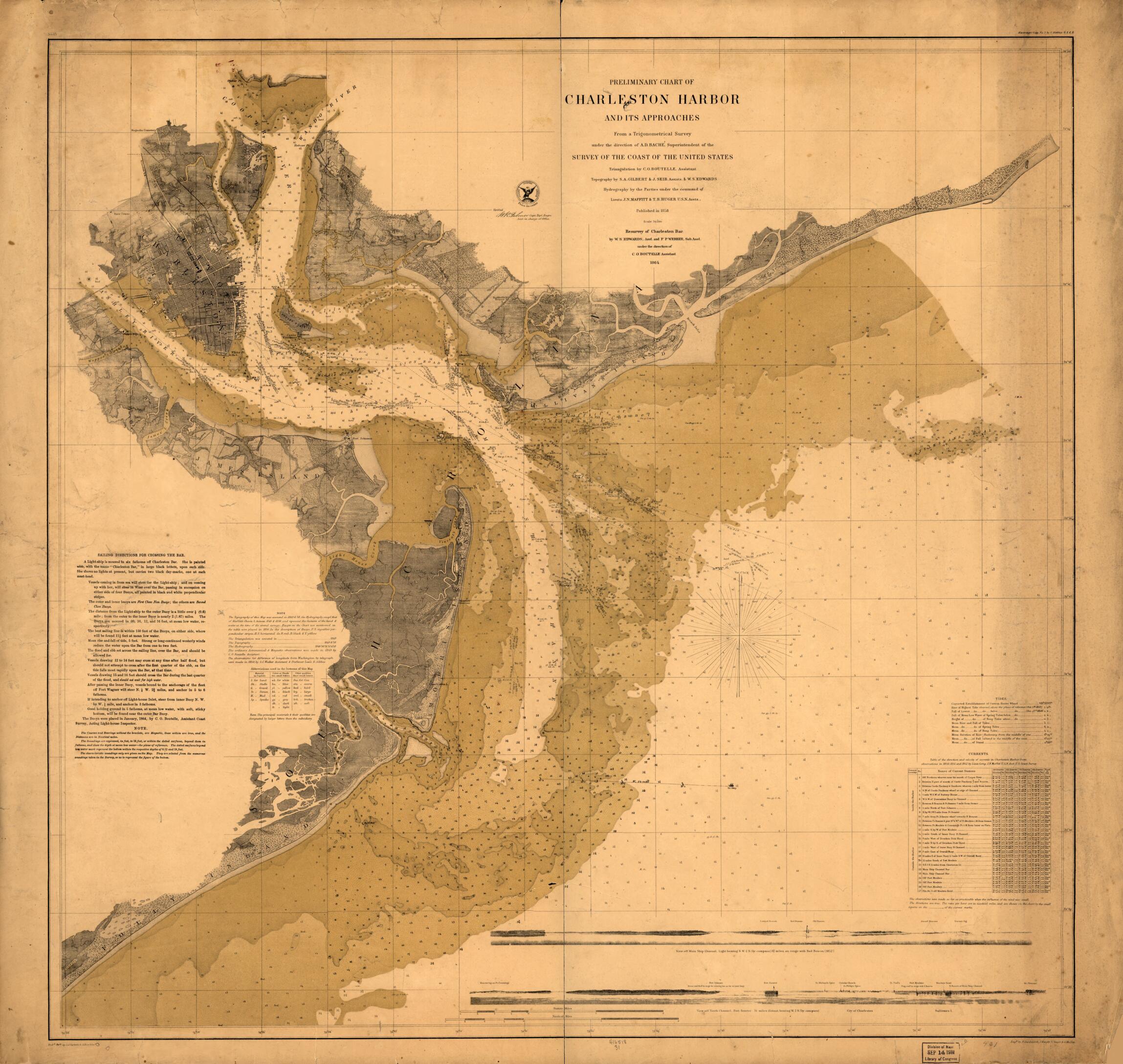 This old map of Resurvey of Charleston Bar from 1864 was created by United States Coast Survey in 1864