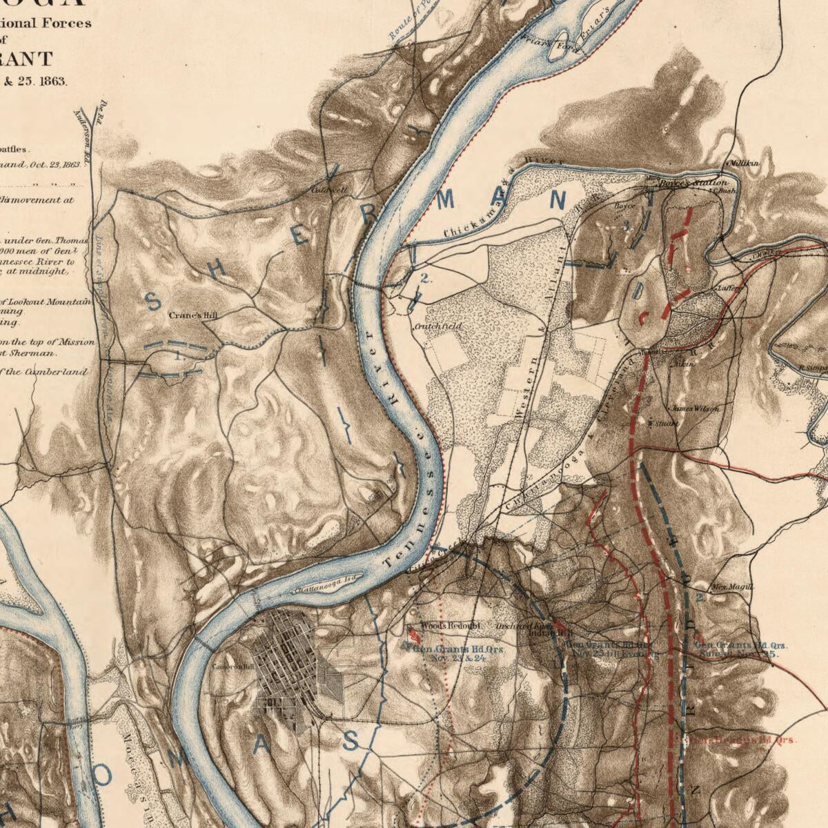 This old map of Battlefield of Chattanooga With the Operations of the National Forces Under the Command of Maj. Gen. U.S. Grant During the Battles of Nov. 23, 24, & 25, from 1863 was created by William F. Smith in 1863