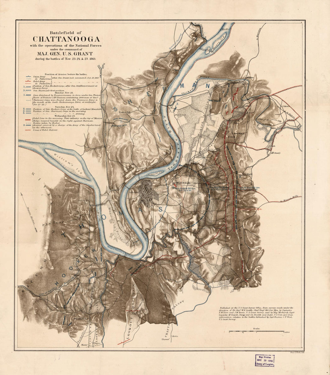This old map of Battlefield of Chattanooga With the Operations of the National Forces Under the Command of Maj. Gen. U.S. Grant During the Battles of Nov. 23, 24, & 25, from 1863 was created by William F. Smith in 1863