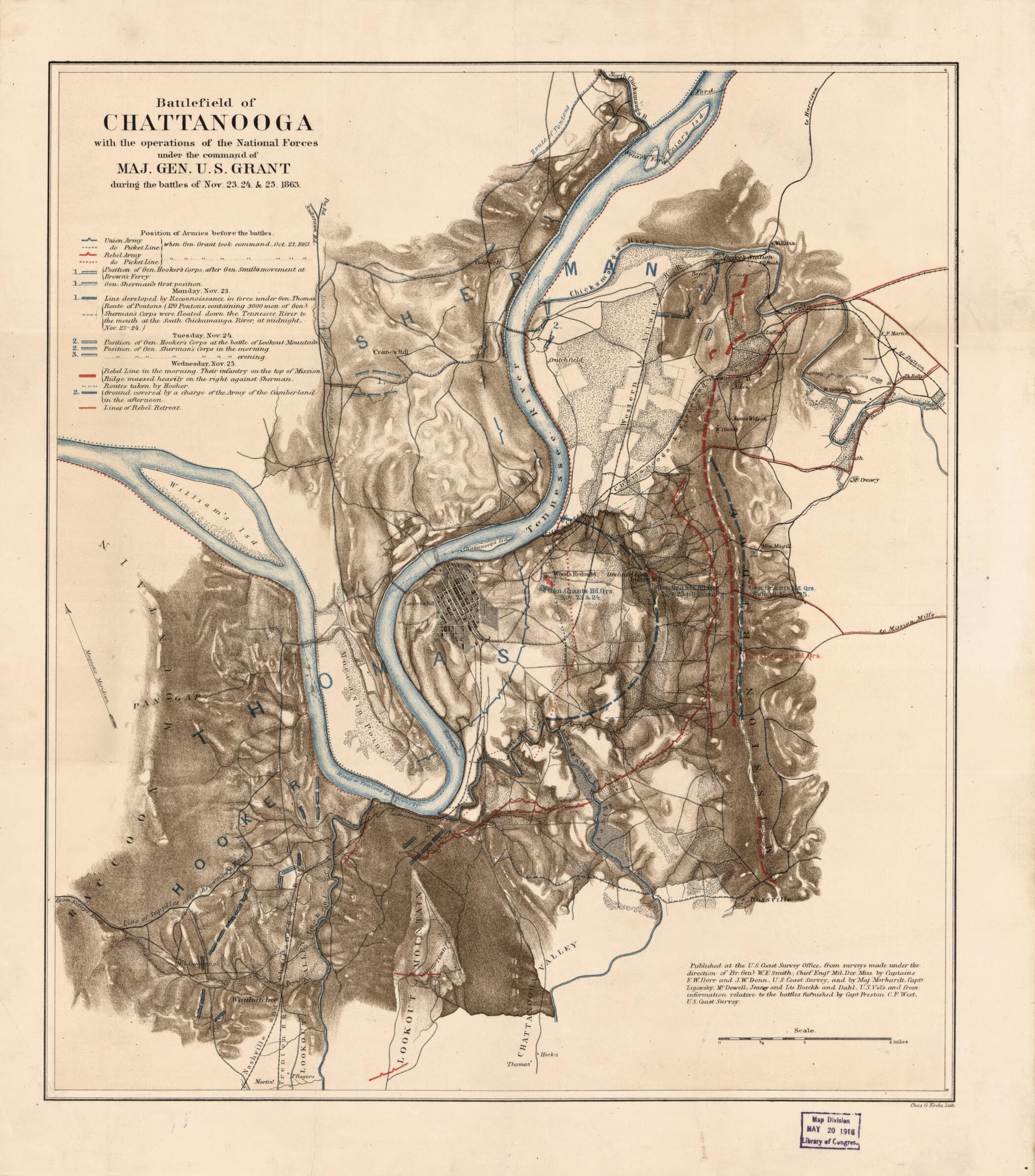This old map of Battlefield of Chattanooga With the Operations of the National Forces Under the Command of Maj. Gen. U.S. Grant During the Battles of Nov. 23, 24, & 25, from 1863 was created by William F. Smith in 1863