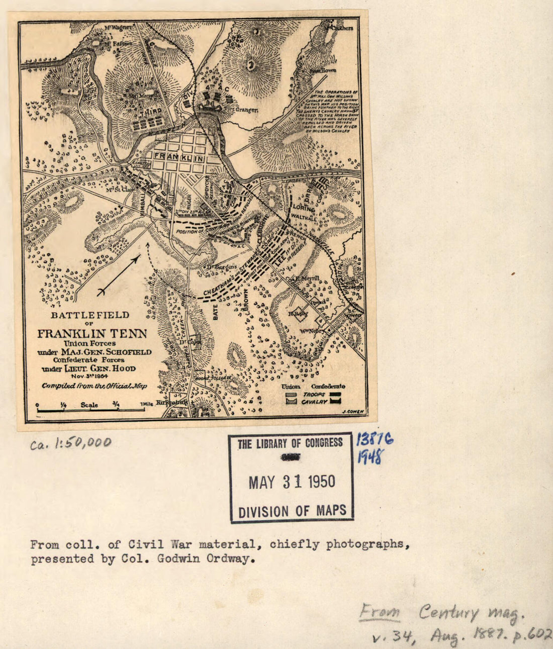 This old map of Battlefield of Franklin, Tennessee Nov. 3rd 1864 from 1887 was created by James Cowen in 1887