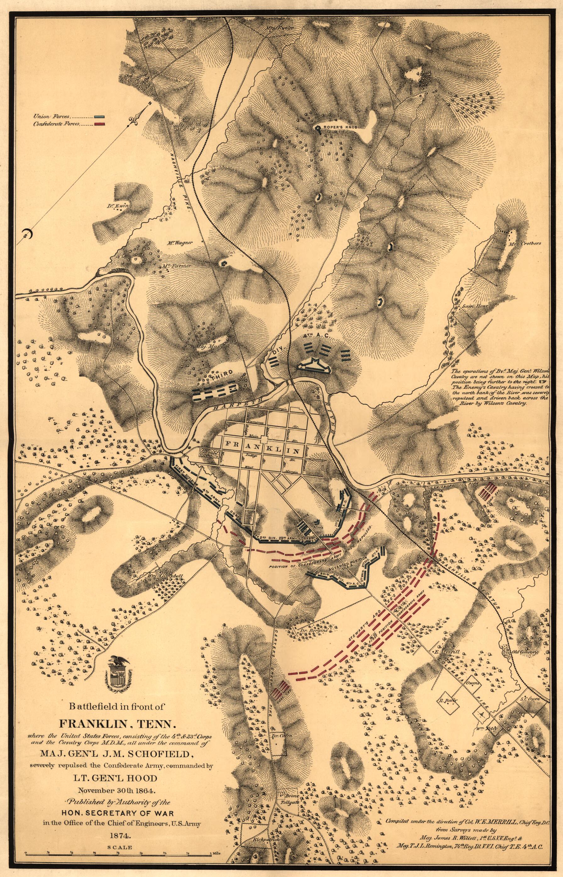 This old map of Battlefield In Front of Franklin, Tennessee Where the United States Forces, Consisting of the 4th & 23rd Corps and the Cavalry Corps M.D.M., All Under the Command of Maj. Gen&