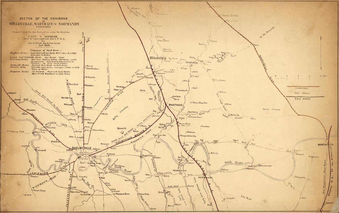 This old map of Sketch of the Environs of Shelbyville, Wartrace & Normandy, Tennessee from 1863 was created by J. E. Weyss in 1863