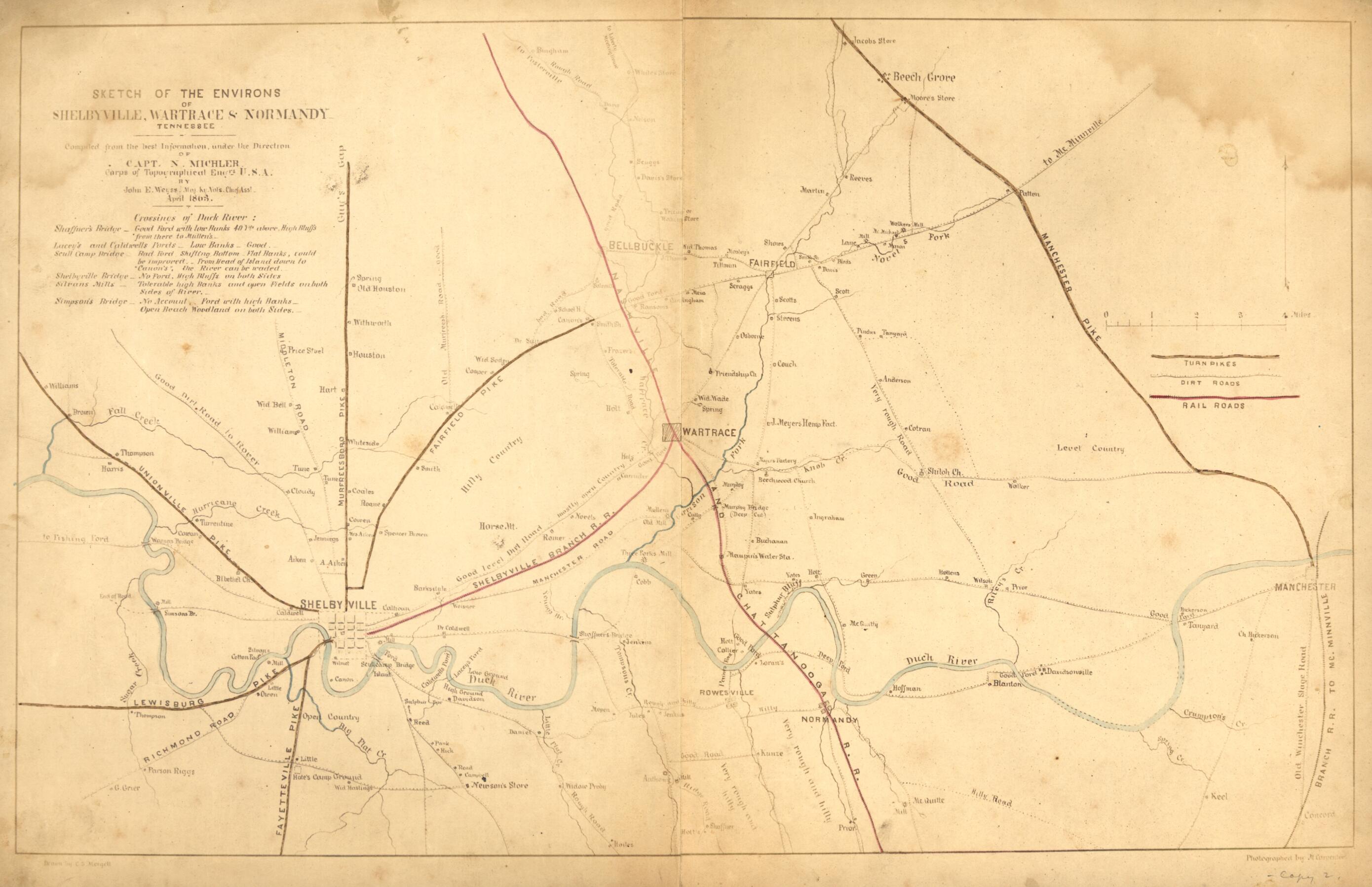 This old map of Sketch of the Environs of Shelbyville, Wartrace & Normandy, Tennessee from 1863 was created by J. E. Weyss in 1863