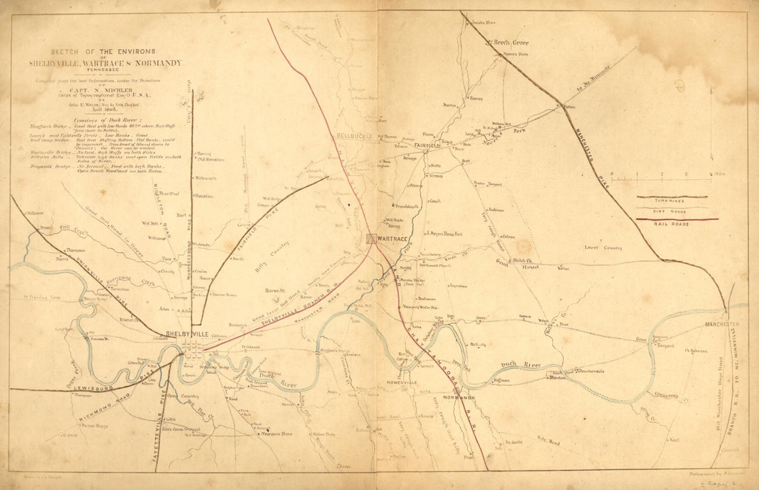 This old map of Sketch of the Environs of Shelbyville, Wartrace & Normandy, Tennessee from 1863 was created by J. E. Weyss in 1863