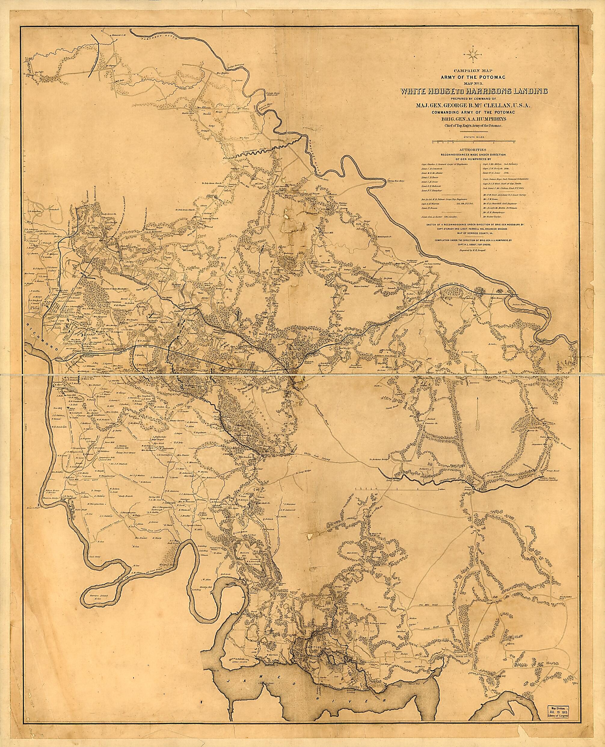This old map of White House to Harrisons Landing from 1862 was created by Henry L. Abbot in 1862