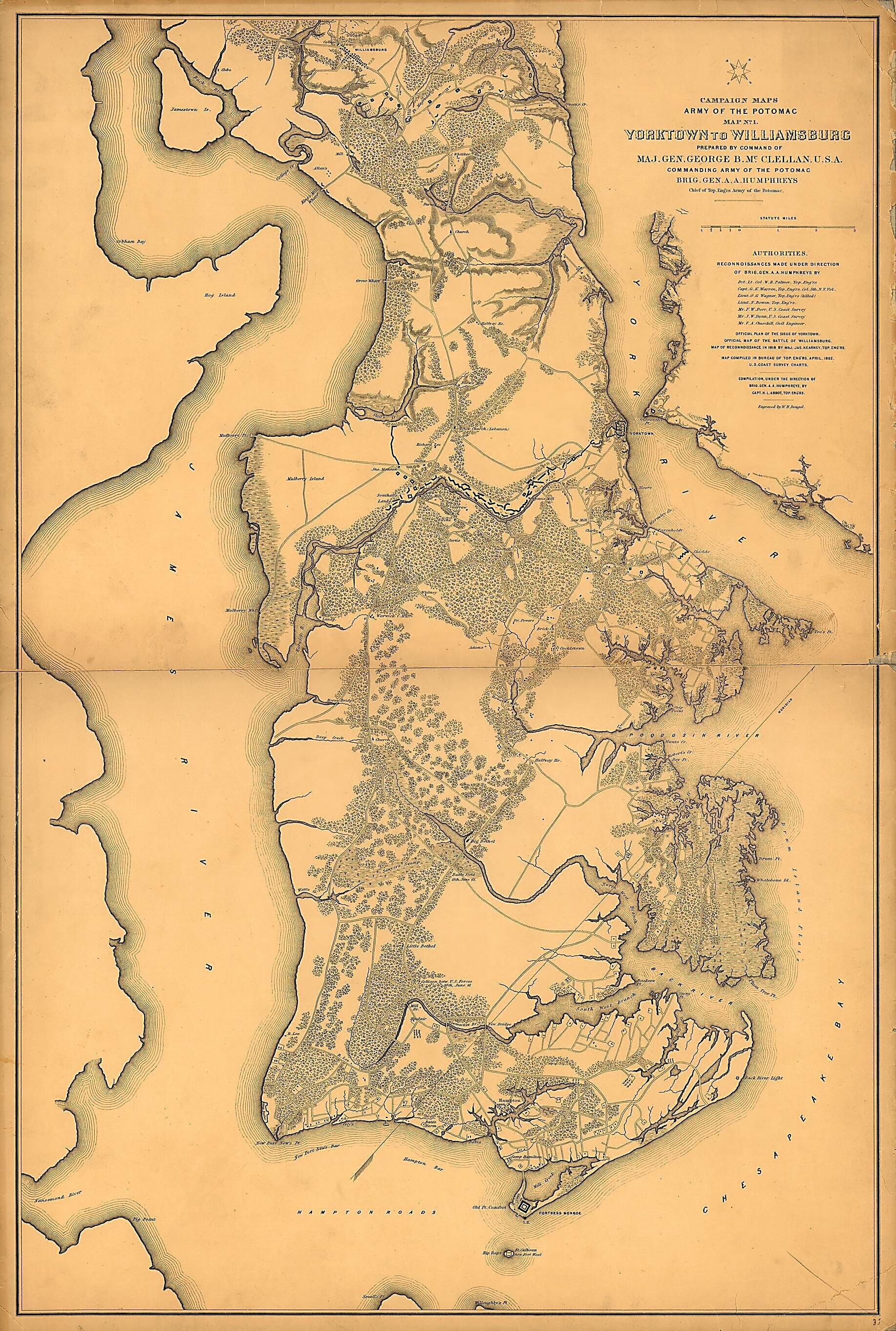 This old map of Yorktown to Williamsburg from 1862 was created by Henry L. Abbot in 1862