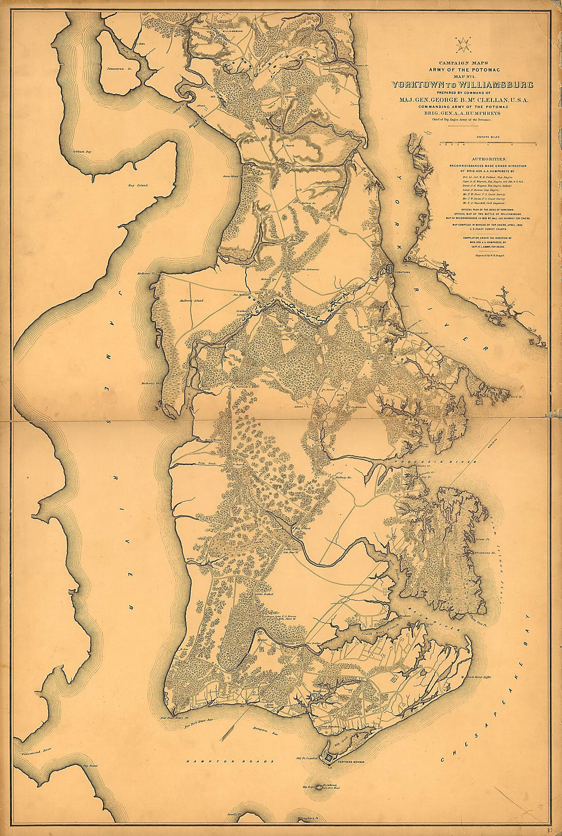 This old map of Yorktown to Williamsburg from 1862 was created by Henry L. Abbot in 1862