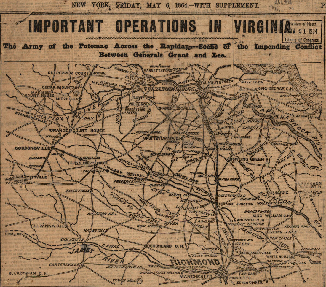 This old map of Scene of the Impending Conflict Between Generals Grant and Lee from 1864 was created by in 1864