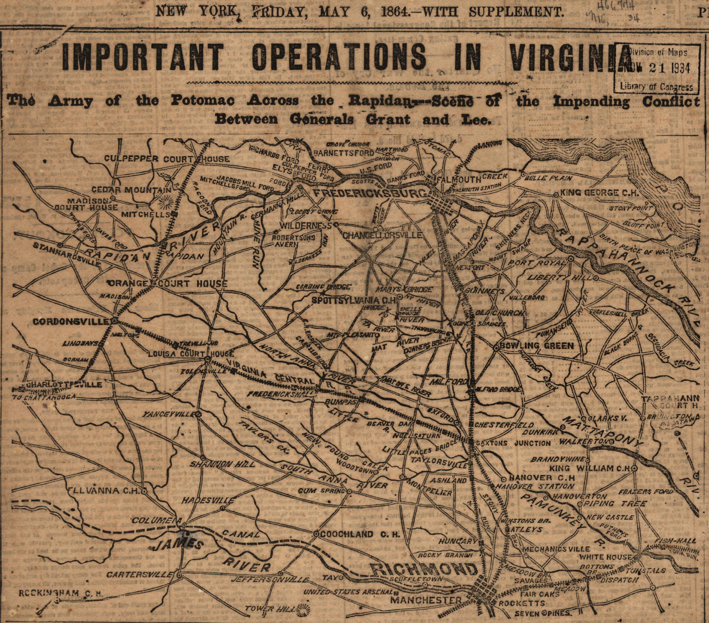 This old map of Scene of the Impending Conflict Between Generals Grant and Lee from 1864 was created by in 1864