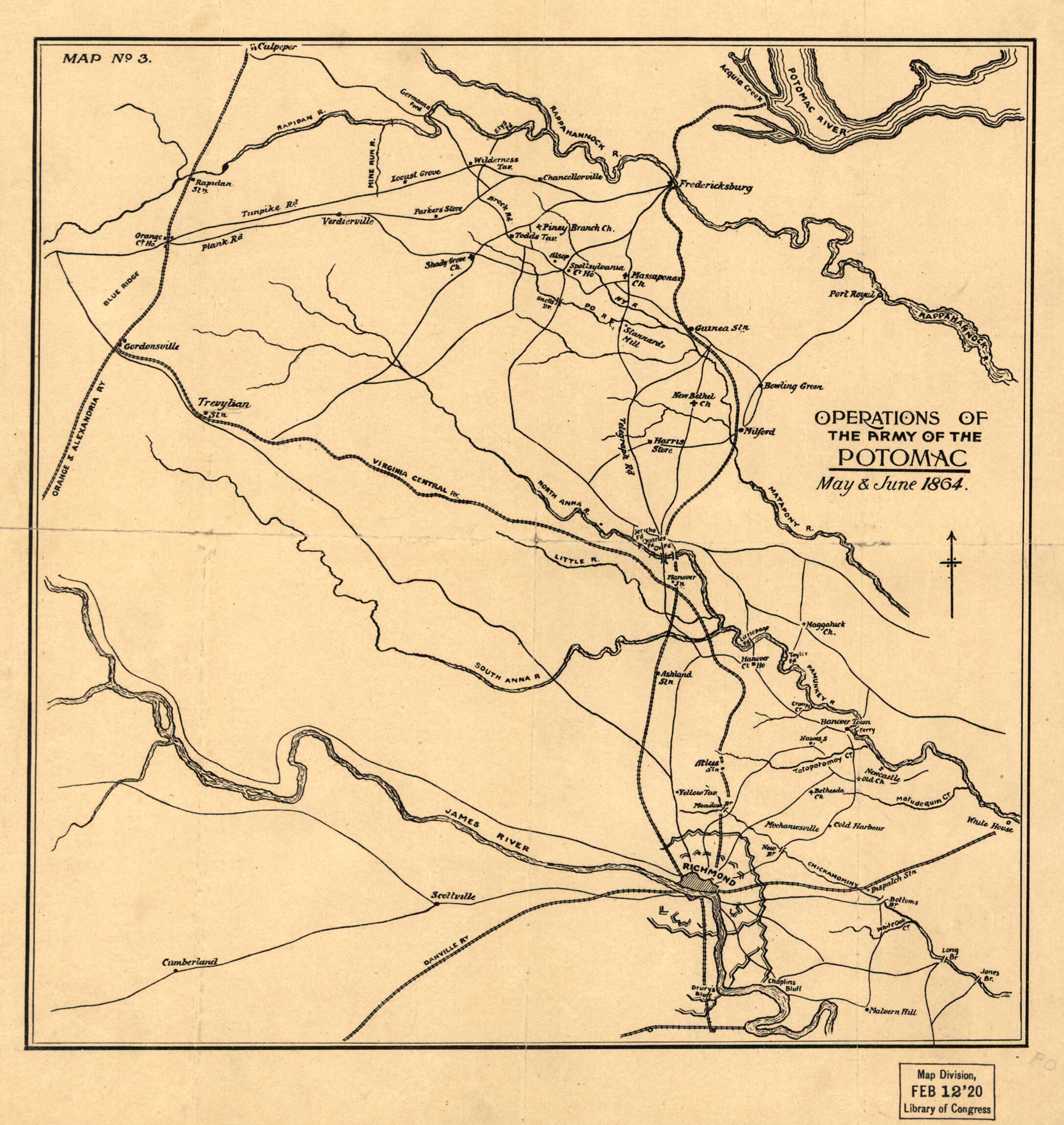 This old map of Operations of the Army of the Potomac, May & June from 1864 was created by in 1864