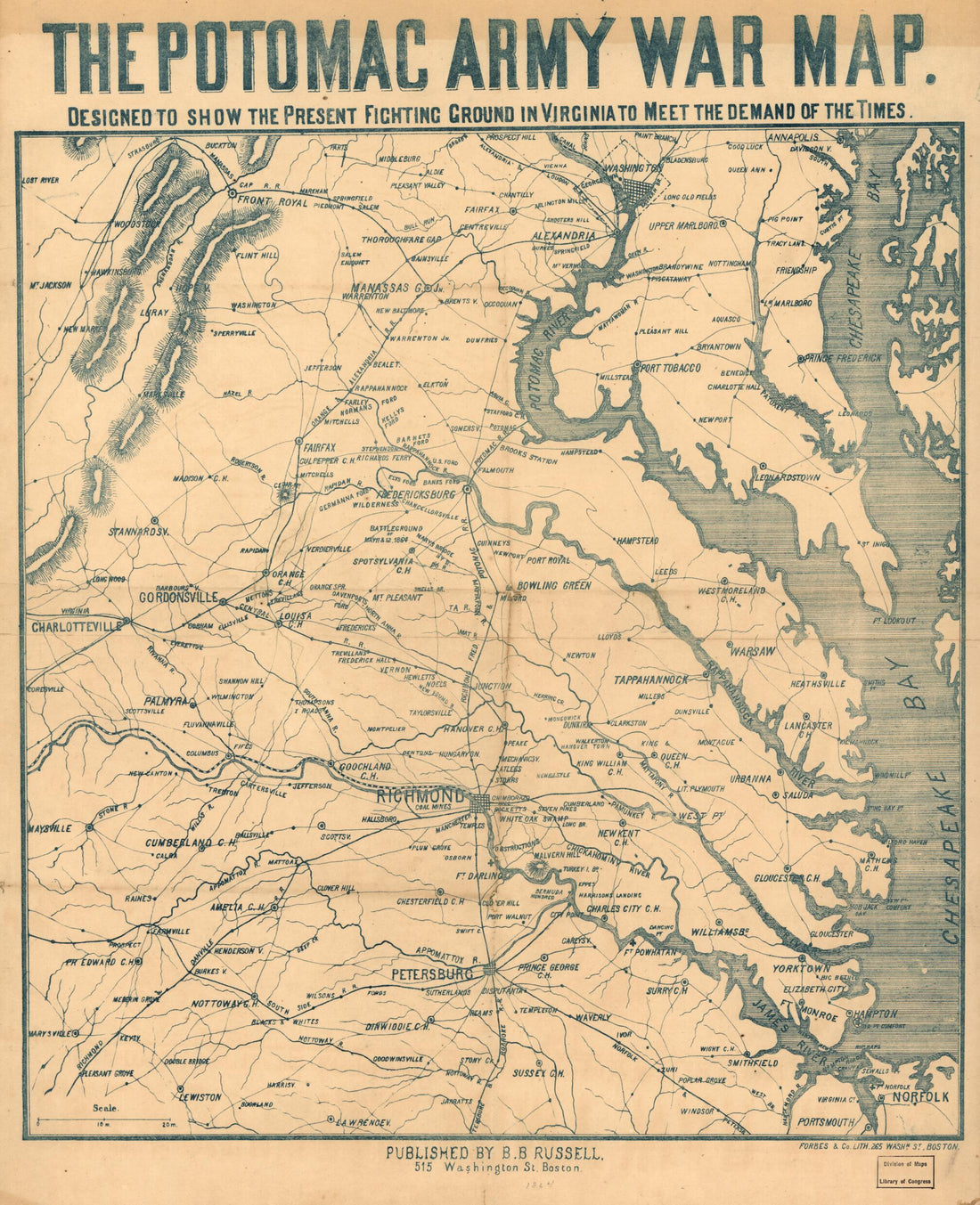 This old map of The Potomac Army War Map. Designed to Show the Present Fighting Ground In Virginia to Meet the Demand of the Times from 1864 was created by B. B. (Benjamin B.) Russell in 1864
