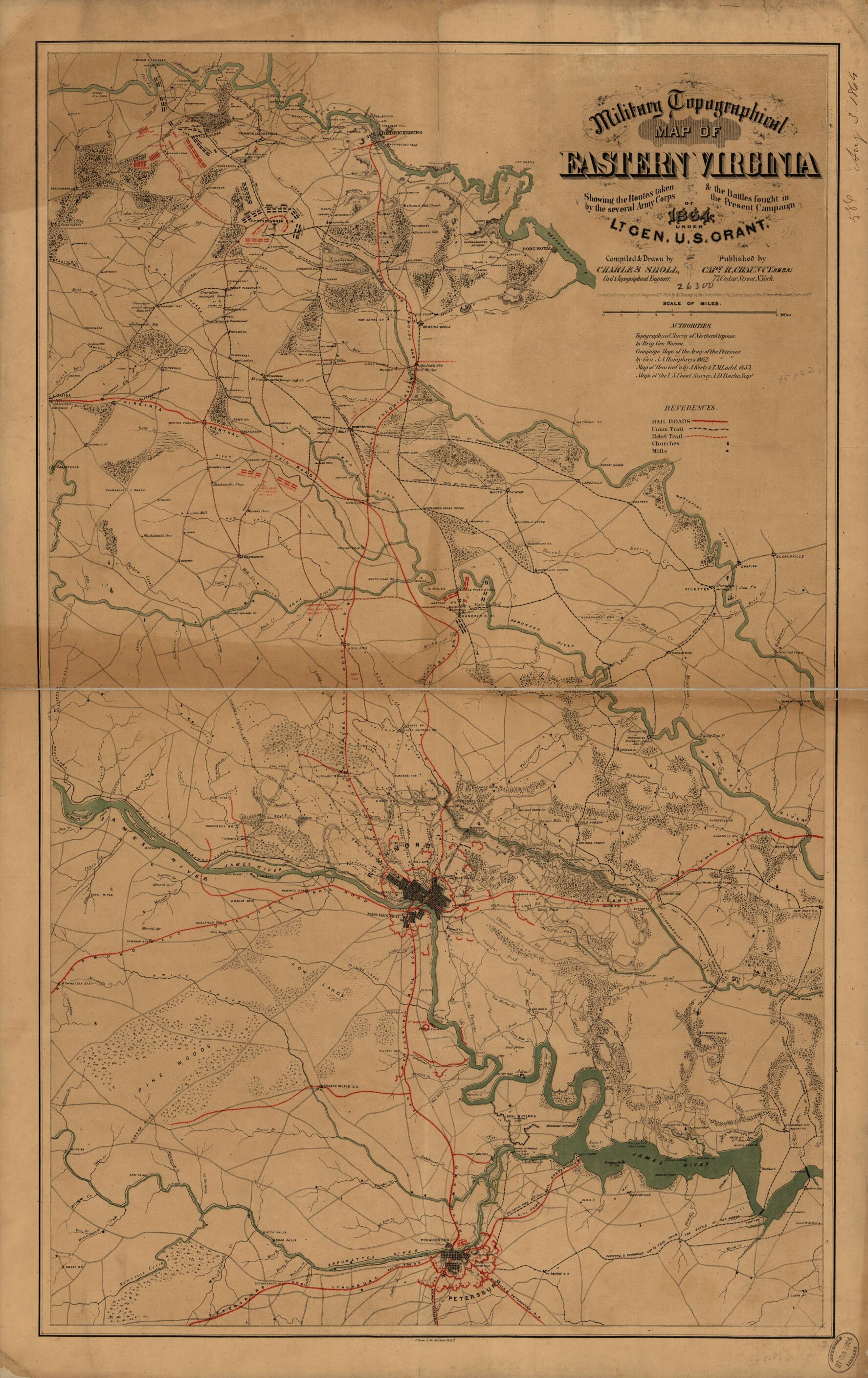 This old map of Military Topographical Map of Eastern Virginia Showing the Routes Taken by the Several Army Corps & the Battles Fought In the Present Campaign of from 1864 Under Lt. Gen. U. S. Grant was created by Charles Sholl in 1864