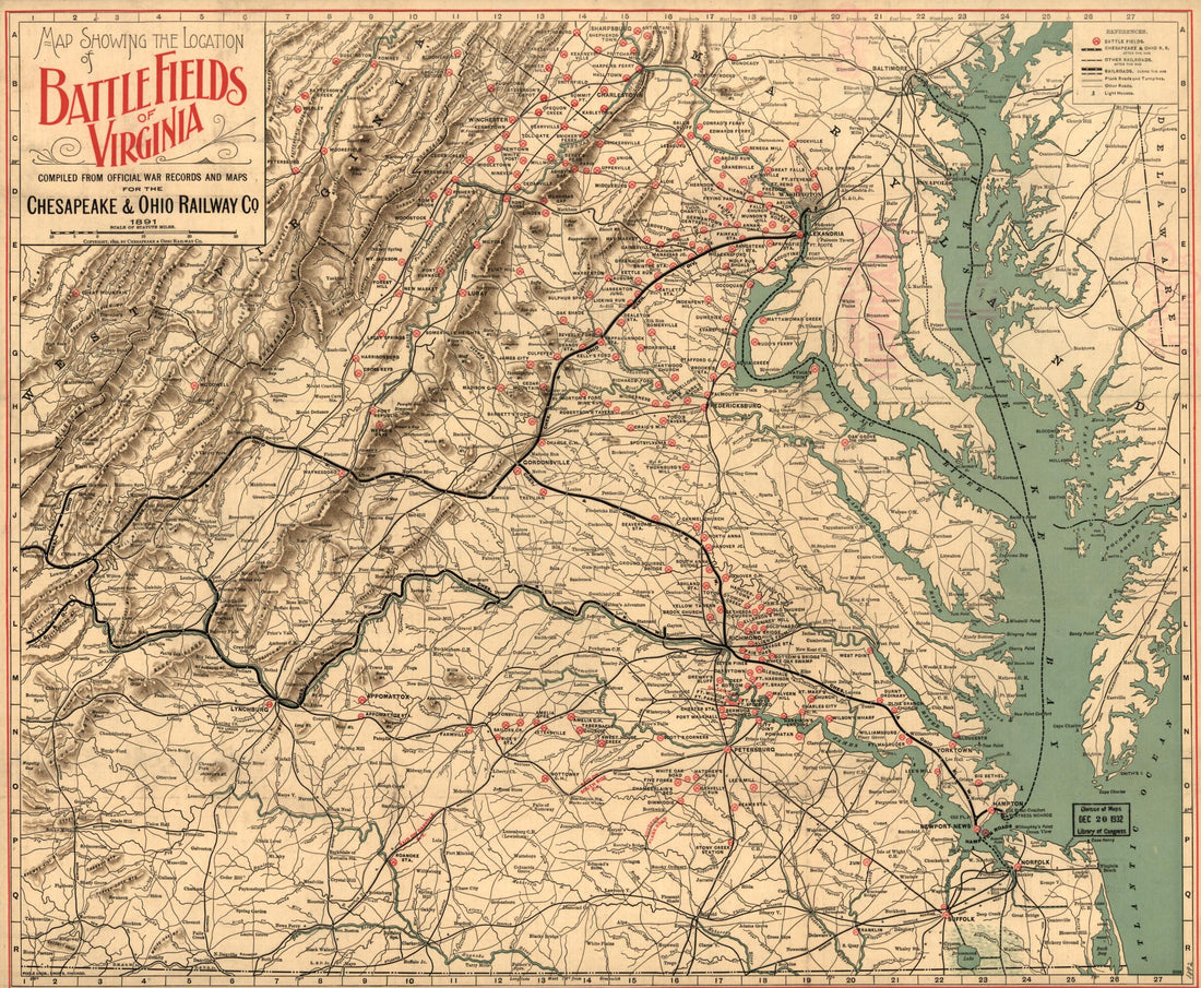 This old map of Map Showing the Location of Battle Fields of Virginia from 1892 was created by Chesapeake and Ohio Railway Company in 1892