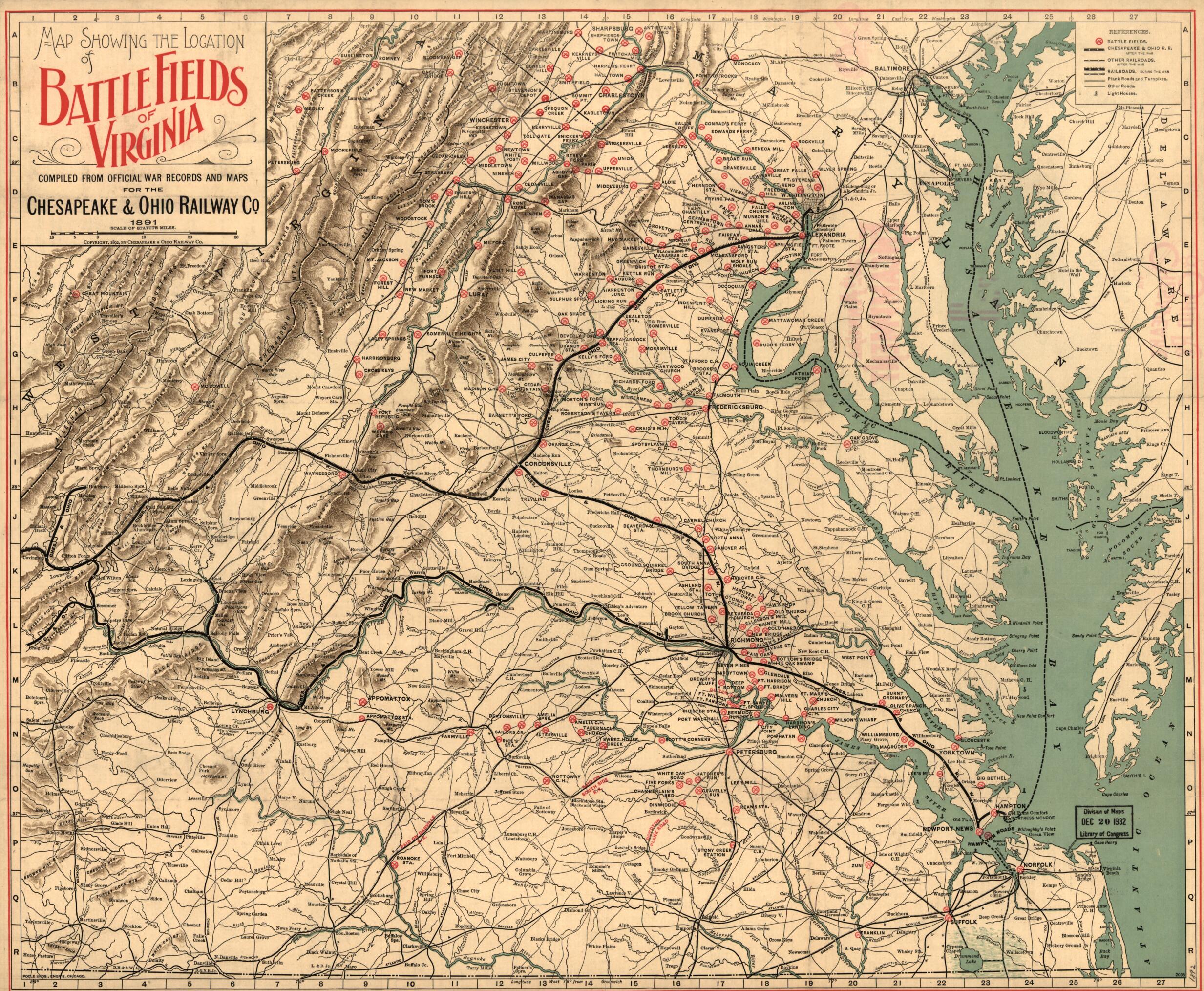 This old map of Map Showing the Location of Battle Fields of Virginia from 1892 was created by Chesapeake and Ohio Railway Company in 1892