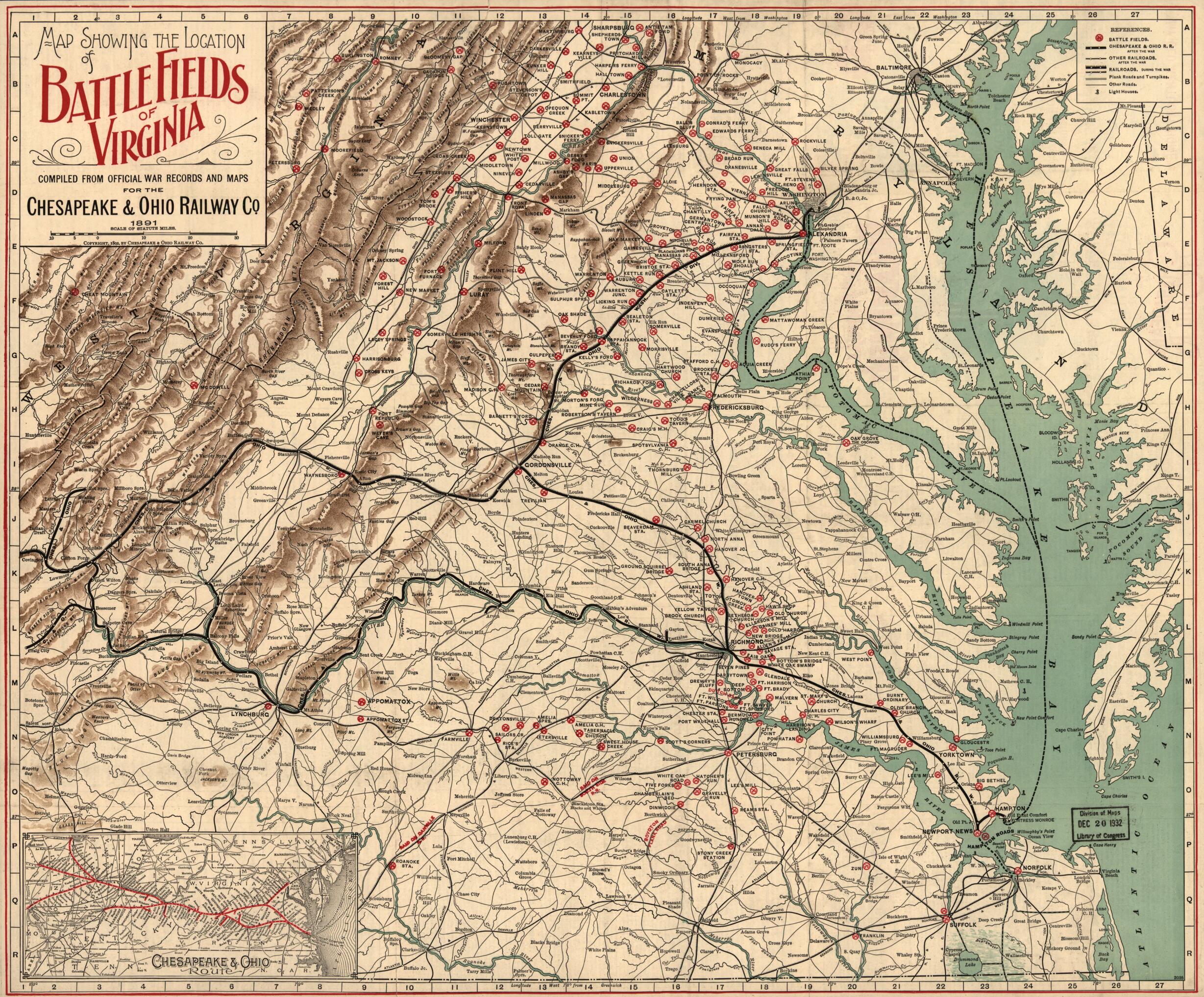 This old map of Map Showing the Location of Battle Fields of Virginia from 1895 was created by Chesapeake and Ohio Railway Company in 1895