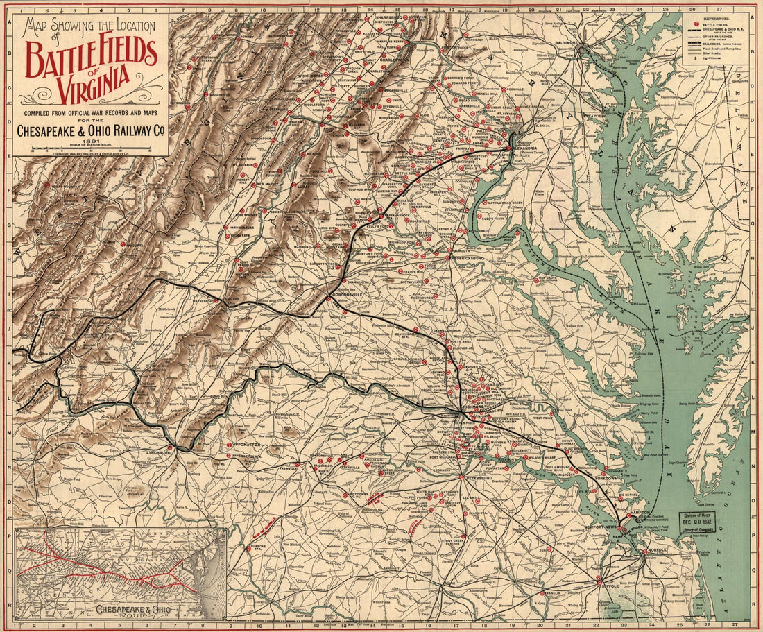 This old map of Map Showing the Location of Battle Fields of Virginia from 1895 was created by Chesapeake and Ohio Railway Company in 1895