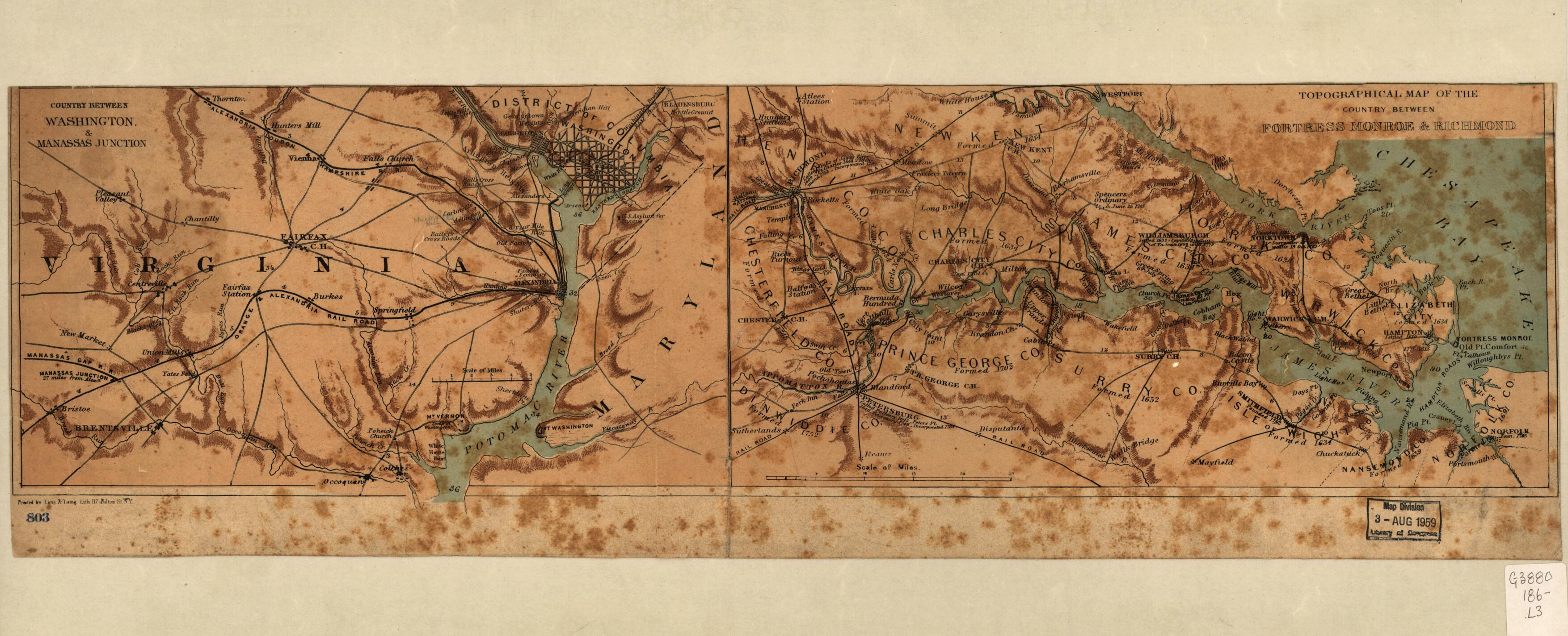This old map of Country Between Washington & Manassas Junction and Topographical Map of the Country Between Fortress Monroe & Richmond from 1865 was created by Lang & Laing Lith in 1865