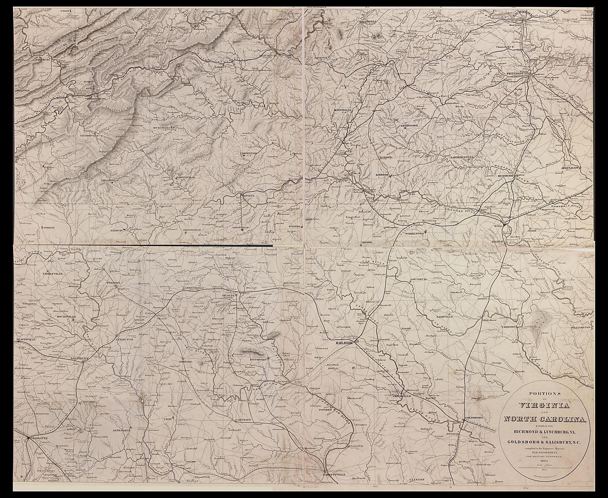 This old map of Portions of Virginia and North Carolina, Embracing Richmond & Lynchburg, Va. and Goldsboro & Salisbury, N.C from 1864 was created by Millard Fillmore, United States. War Department. Engineer Bureau in 1864