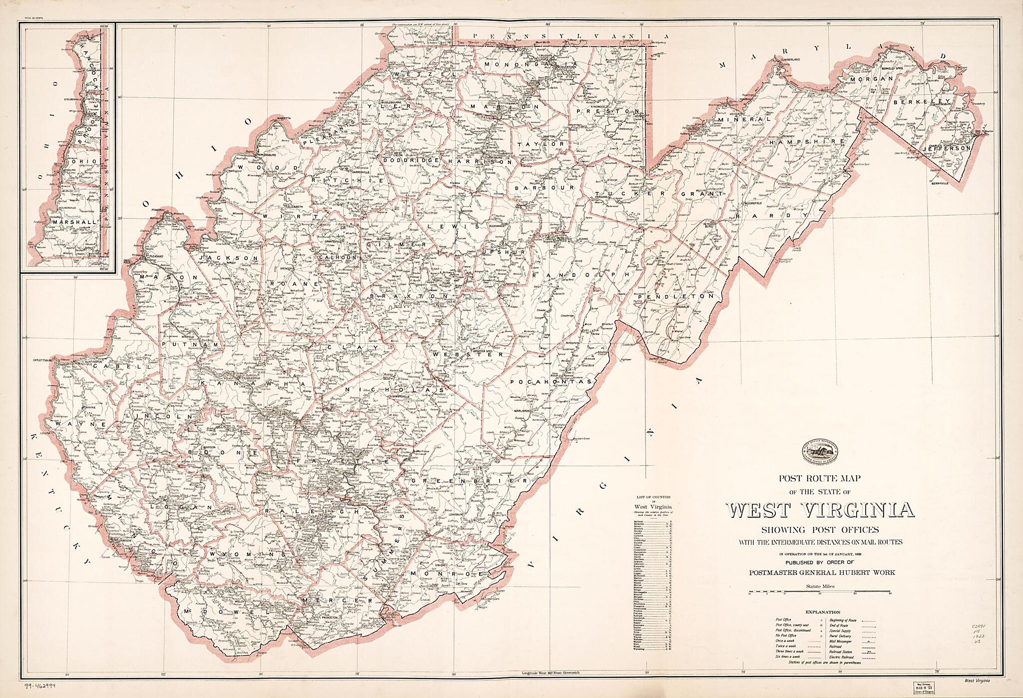 This old map of Post Route Map of the State of West Virginia : Showing Post Offices With the Intermediate Distances On Mail Routes In Operation On the 1st of January from 1923 (West Virginia) was created by United States. Post Office Department in 1923