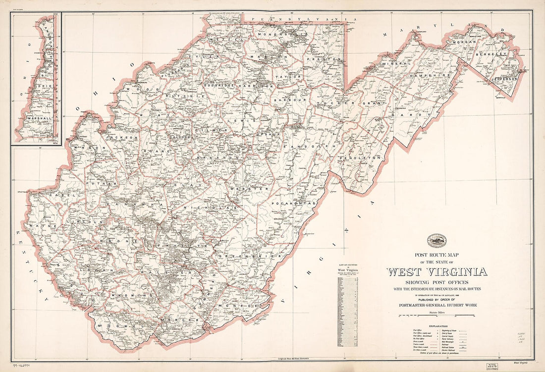 This old map of Post Route Map of the State of West Virginia : Showing Post Offices With the Intermediate Distances On Mail Routes In Operation On the 1st of January from 1923 (West Virginia) was created by United States. Post Office Department in 1923