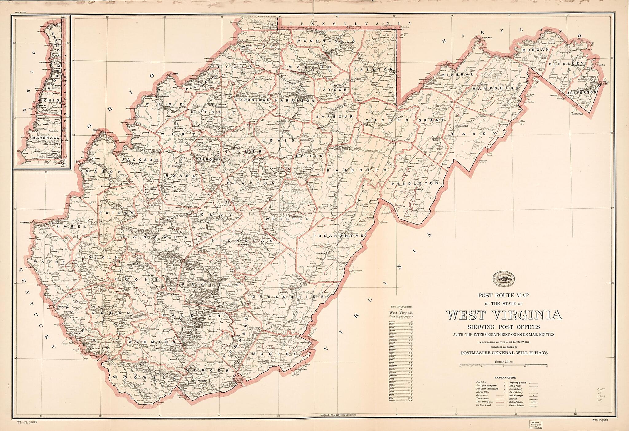 This old map of Post Route Map of the State of West Virginia : Showing Post Offices With the Intermediate Distances On Mail Routes In Operation On the 1st of January from 1922 (West Virginia) was created by United States. Post Office Department in 1922