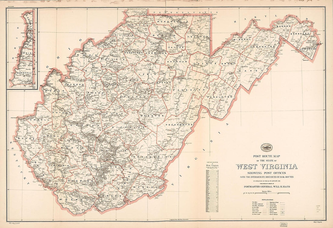 This old map of Post Route Map of the State of West Virginia : Showing Post Offices With the Intermediate Distances On Mail Routes In Operation On the 1st of January from 1922 (West Virginia) was created by United States. Post Office Department in 1922