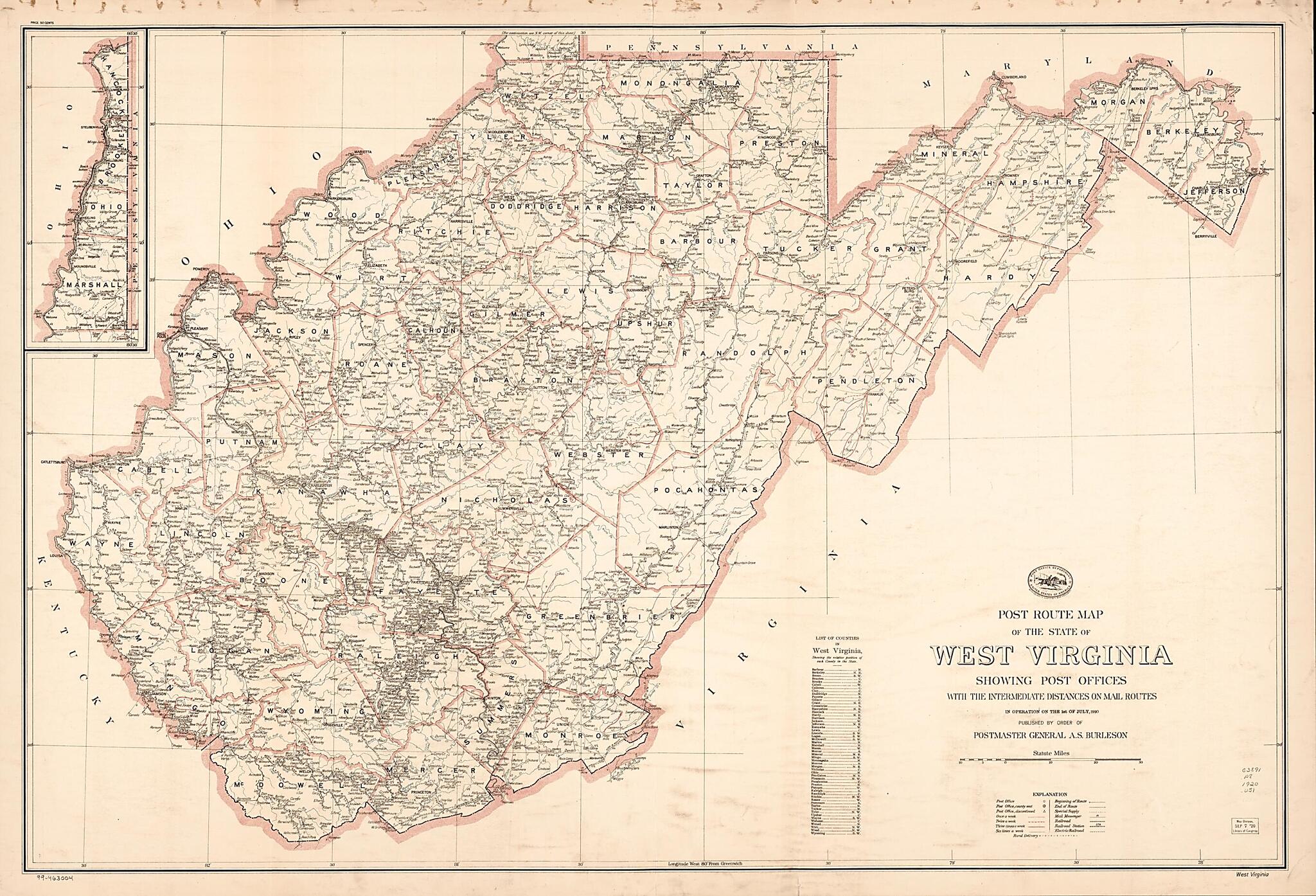 This old map of Post Route Map of the State of West Virginia : Showing Post Offices With the Intermediate Distances On Mail Routes In Operation On the 1st of July from 1920 (West Virginia) was created by United States. Post Office Department in 1920