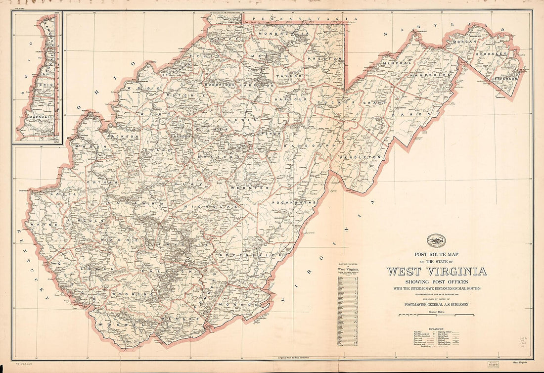 This old map of Post Route Map of the State of West Virginia : Showing Post Offices With the Intermediate Distances On Mail Routes In Operation On the 1st of January from 1920 (West Virginia) was created by United States. Post Office Department in 1920