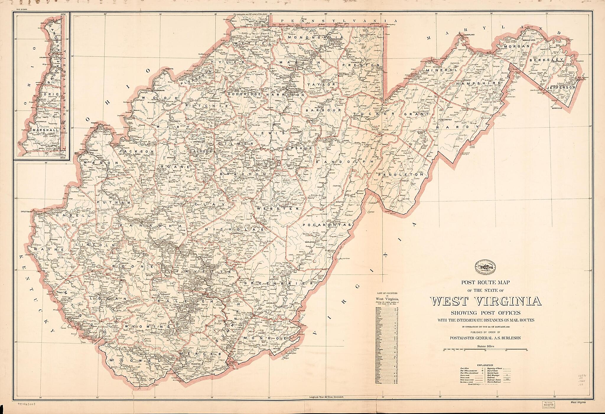 This old map of Post Route Map of the State of West Virginia : Showing Post Offices With the Intermediate Distances On Mail Routes In Operation On the 1st of January from 1920 (West Virginia) was created by United States. Post Office Department in 1920