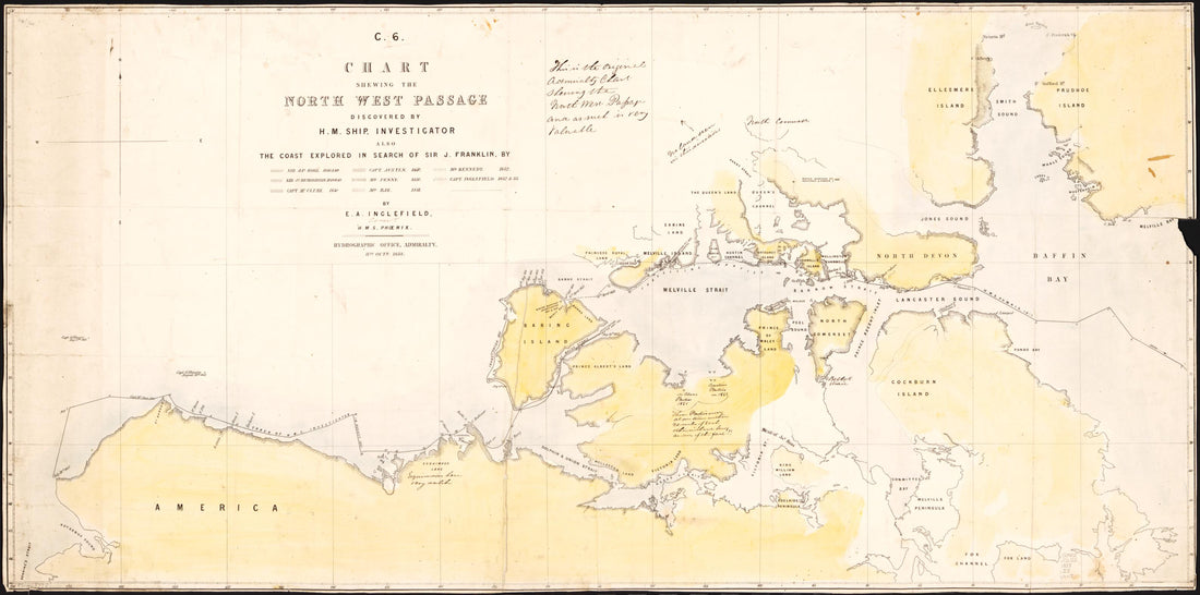 This old map of Chart Shewing the North West Passage Discovered by H.M. Ship Investigator : Also the Coast Explored In Search of Sir J. Franklin by Sir Jas. Ross, 1848 & 49.. et Al. : Arctic Coasts of Canada and Alaska from 1853 was created by E. A. (Edward Augustus) Inglefield in 1853