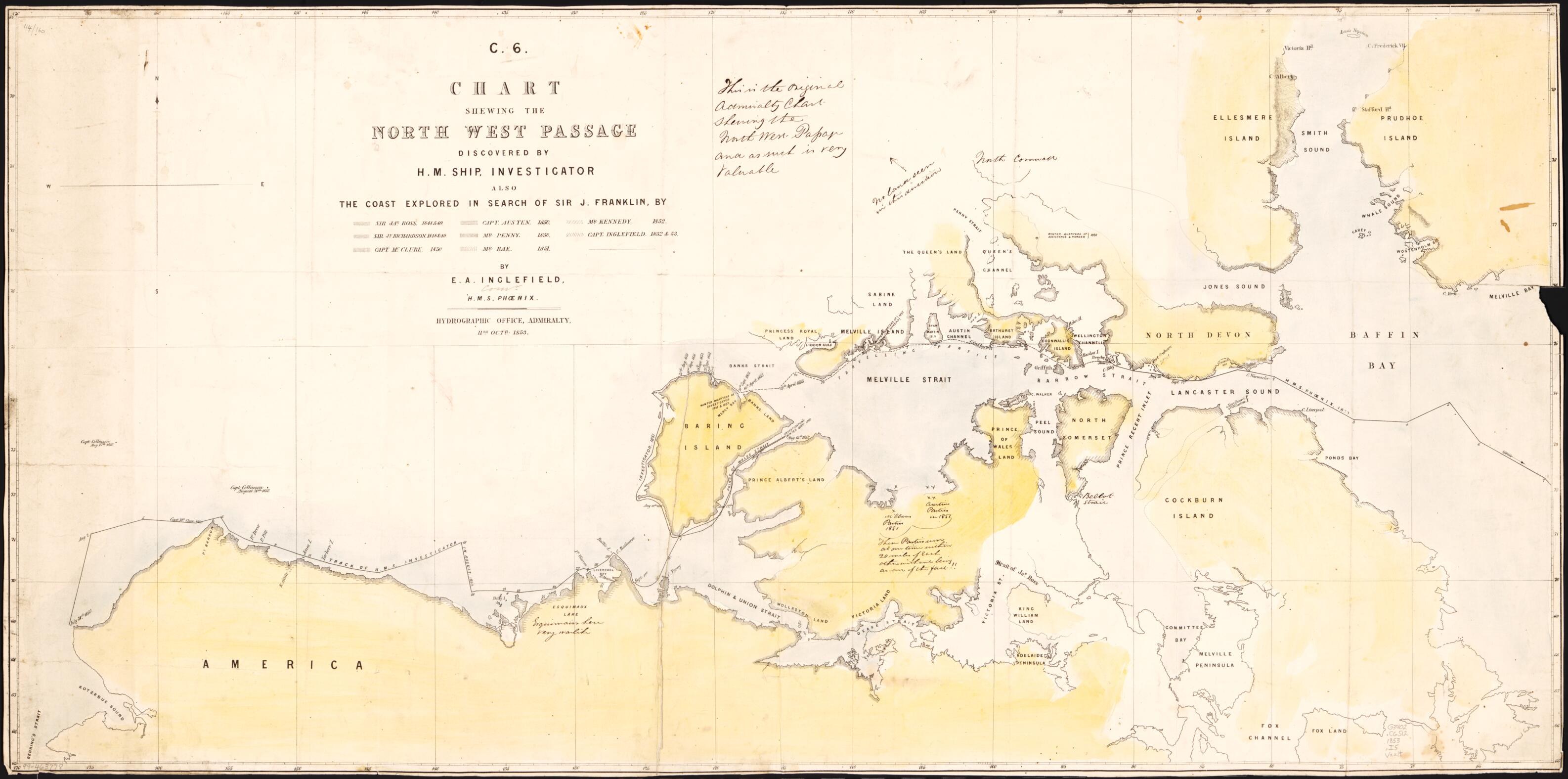 This old map of Chart Shewing the North West Passage Discovered by H.M. Ship Investigator : Also the Coast Explored In Search of Sir J. Franklin by Sir Jas. Ross, 1848 & 49.. et Al. : Arctic Coasts of Canada and Alaska from 1853 was created by E. A. (Edward Augustus) Inglefield in 1853