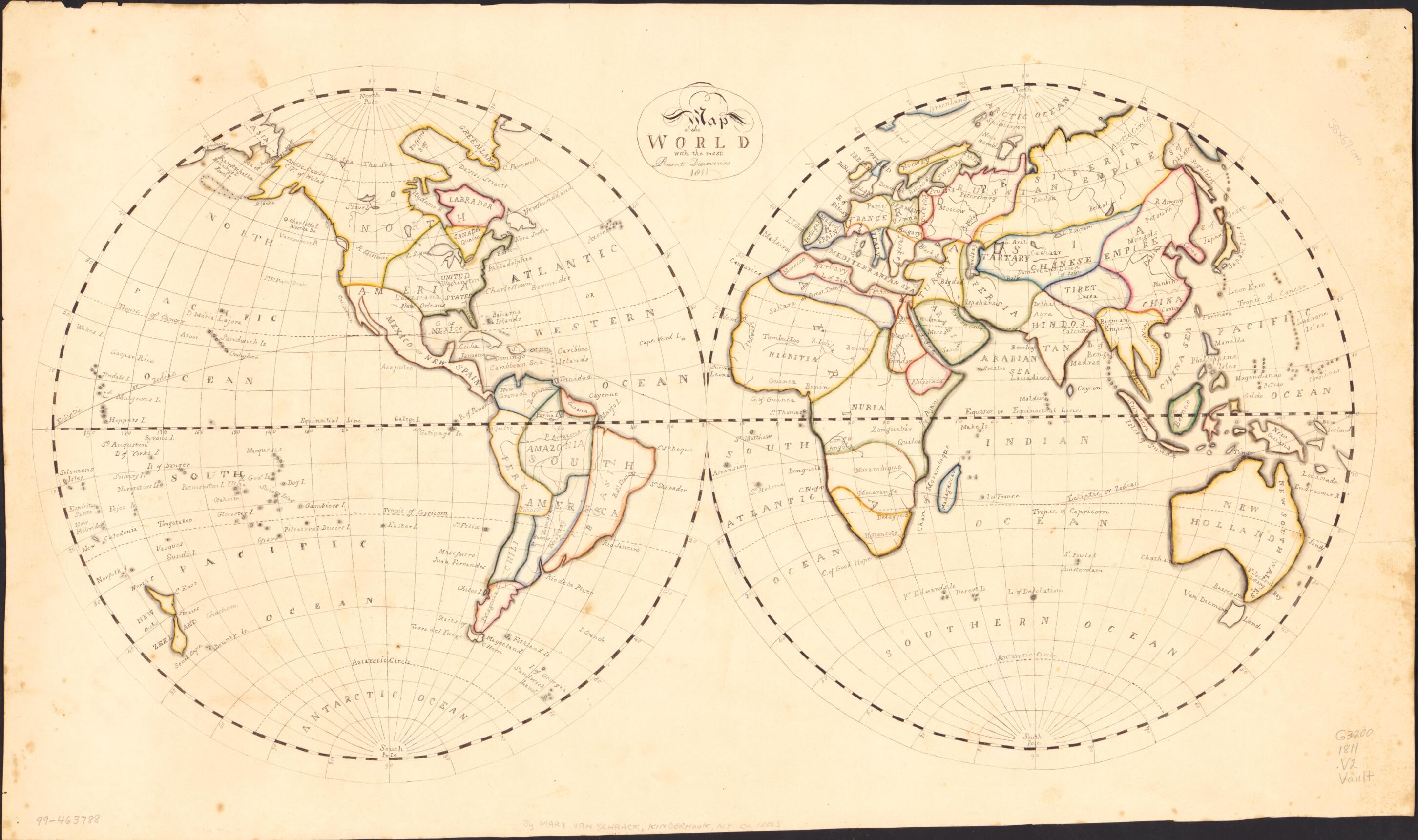 This old map of Map of the World With the Most Recent Discoveries from 1811 was created by Mary Van Schaack in 1811