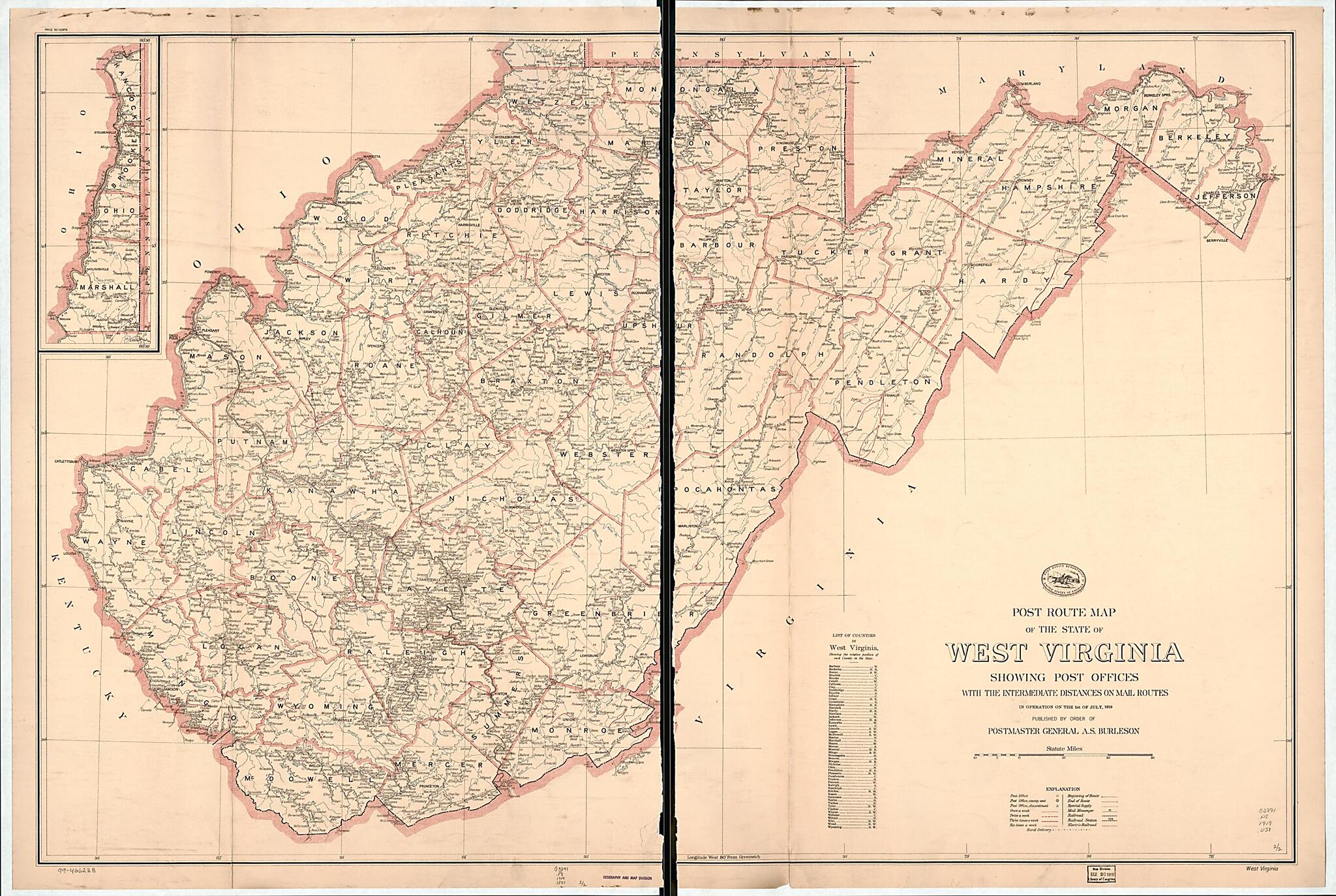 This old map of Post Route Map of the State of West Virginia : Showing Post Offices With the Intermediate Distances On Mail Routes In Operation On the 1st of July from 1919 (West Virginia) was created by United States. Post Office Department in 1919