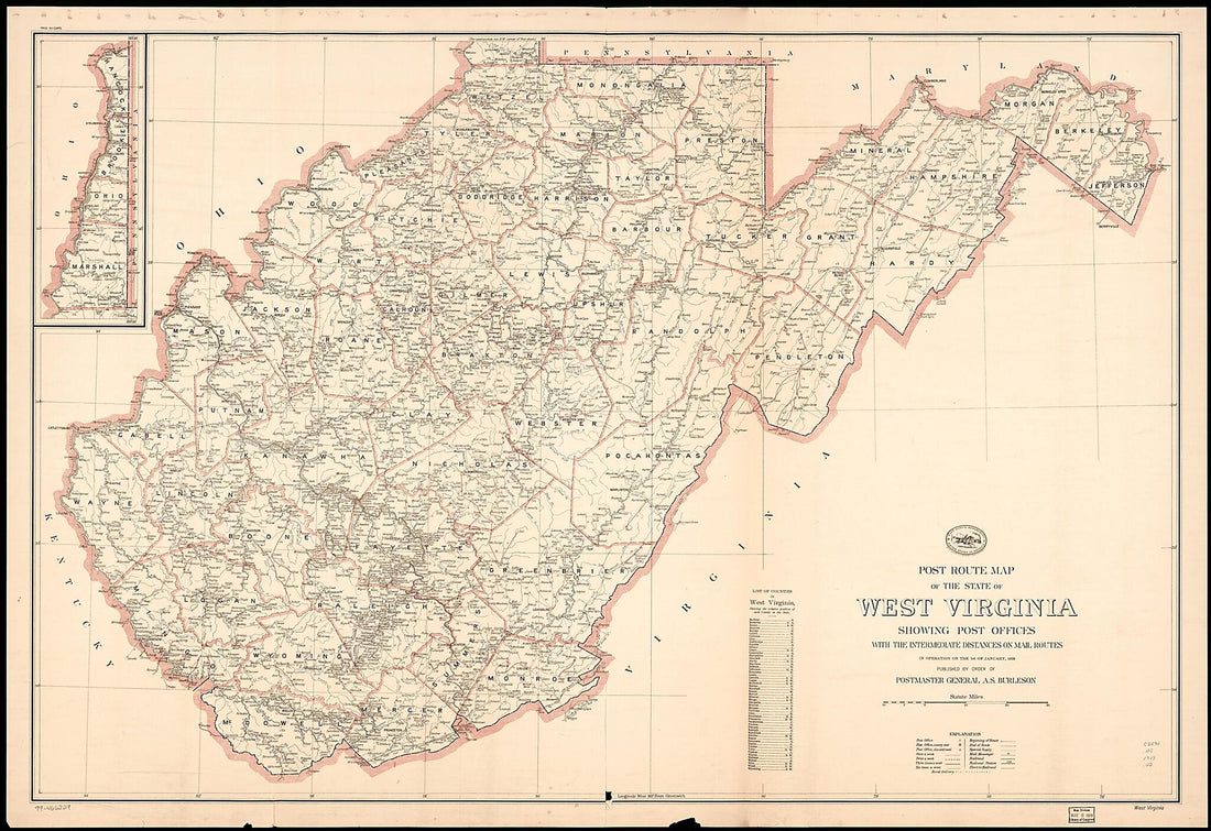This old map of Post Route Map of the State of West Virginia : Showing Post Offices With the Intermediate Distances On Mail Routes In Operation On the 1st of January from 1919 (West Virginia) was created by United States. Post Office Department in 1919