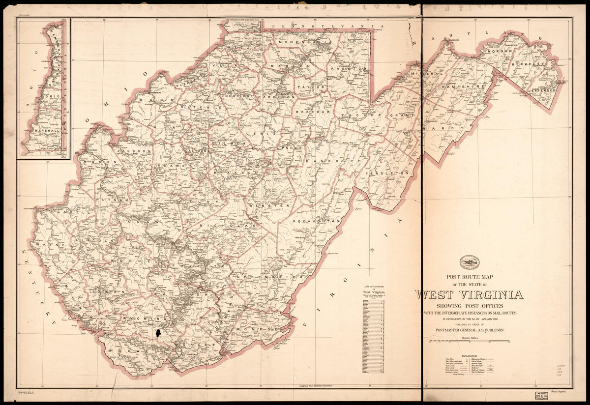 Post Route Map of the State of West Virginia : Showing Post Offices With the Intermediate Distances On Mail Routes In Operation On the 1st of January 1918 (West Virginia) by Relic Map Company