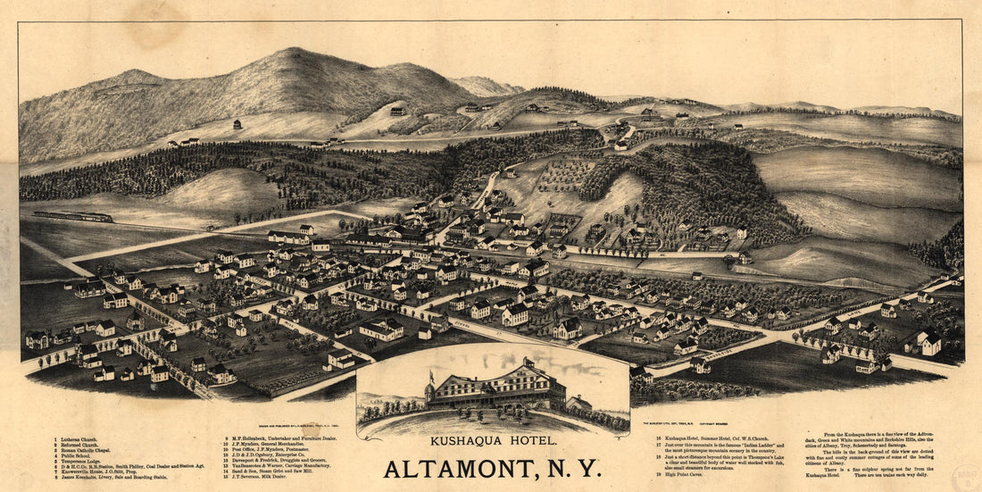 This old map of Altamont, New York (View of Kushaqua Hotel and Its Surroundings, Altamont, N.Y.) from 1890 was created by Burleigh Litho, L. R. (Lucien R.) Burleigh in 1890