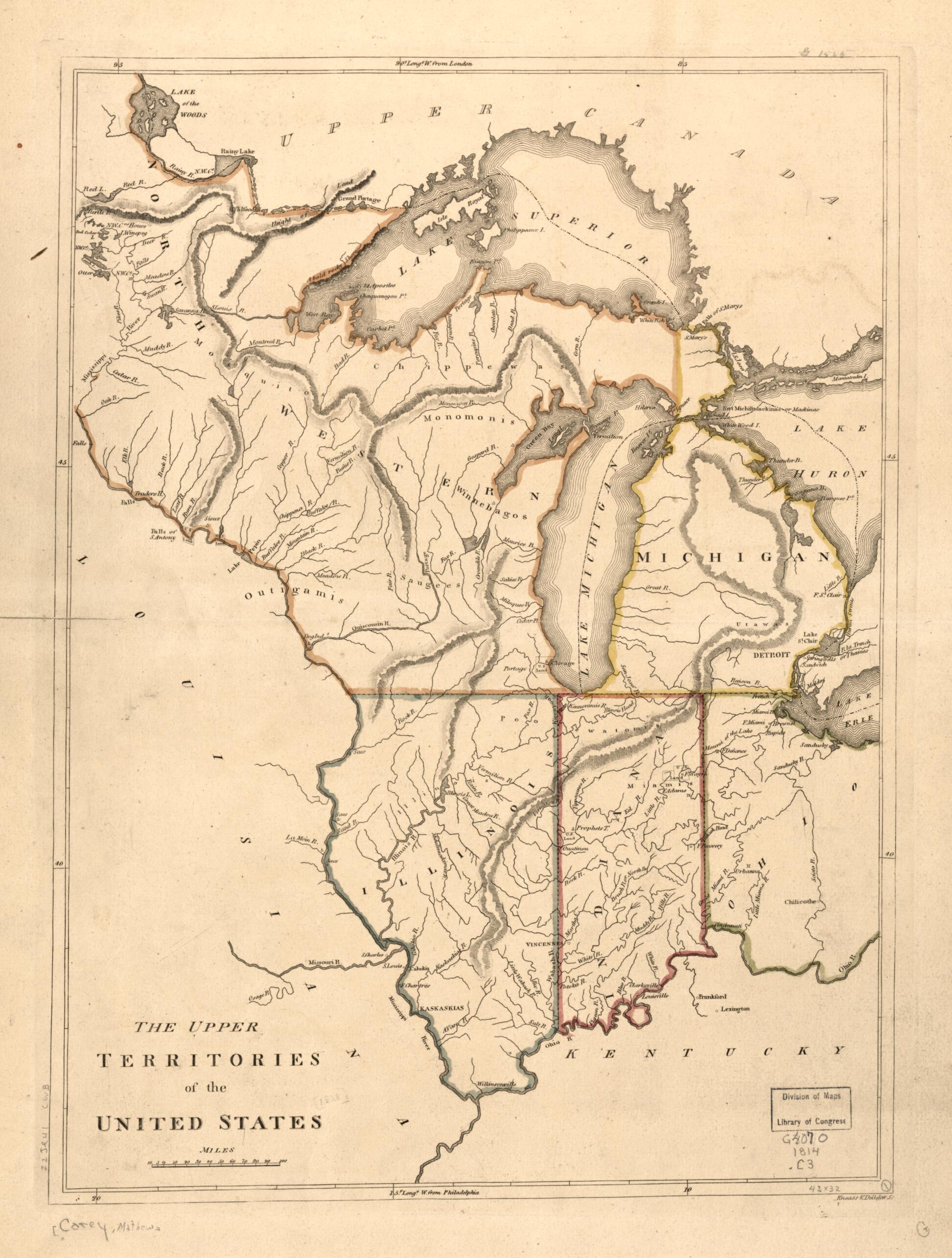 This old map of The Upper Territories of the United States from 1814 was created by Mathew Carey, Kneass & Delleker in 1814