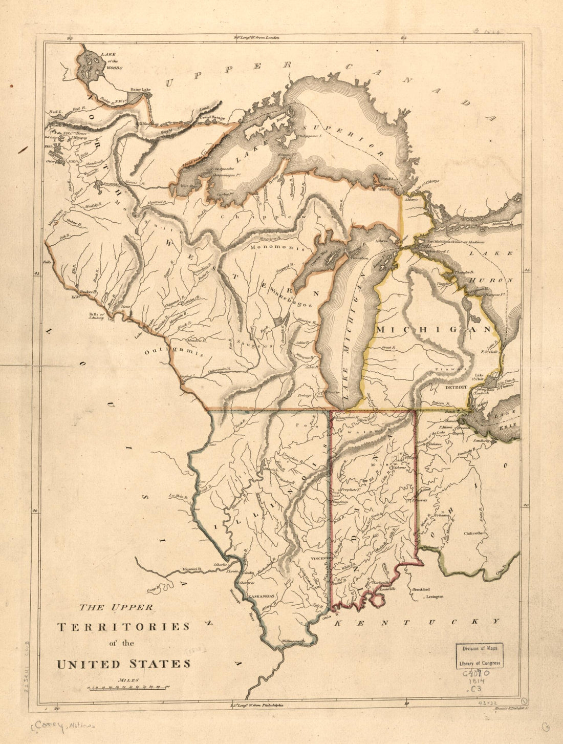 This old map of The Upper Territories of the United States from 1814 was created by Mathew Carey, Kneass & Delleker in 1814
