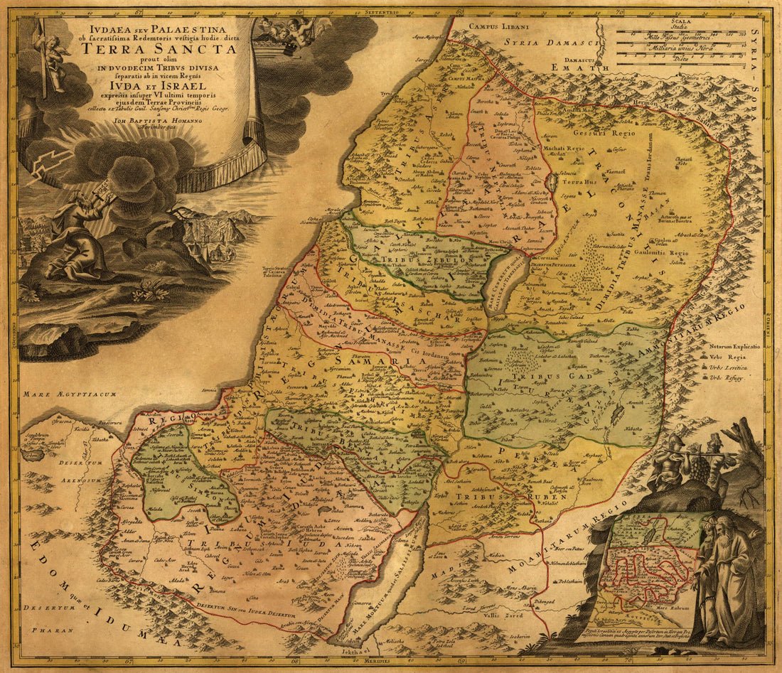 This old map of Ivdaea Sev Palaestina Ob Sacratissima Redemtoris Vestigia Hodie Dicta Terra Sancta from 1748 was created by Johann Baptist Homann in 1748