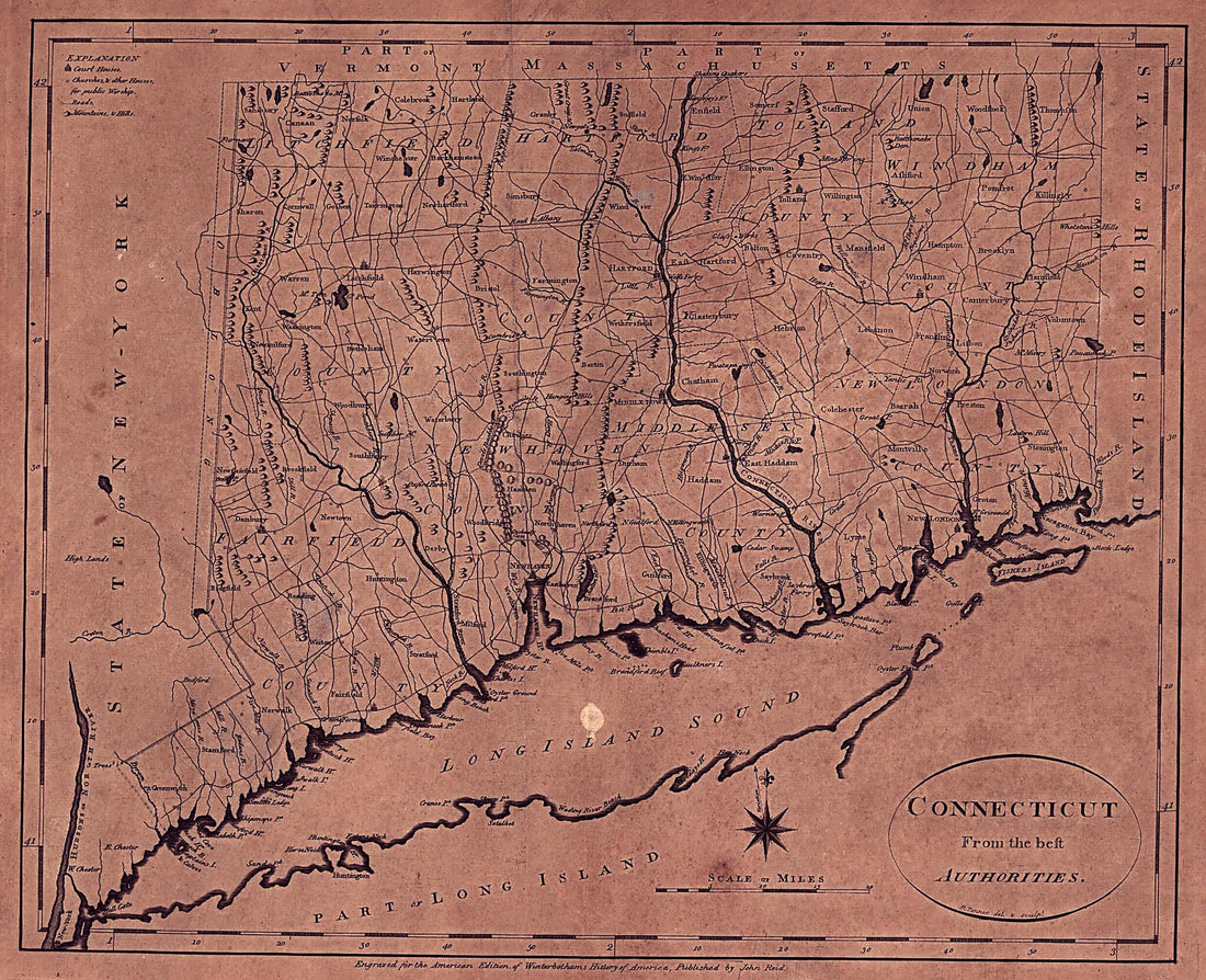 This old map of Connecticut from the Best Authorites from 1796 was created by John Reid, Benjamin Tanner in 1796