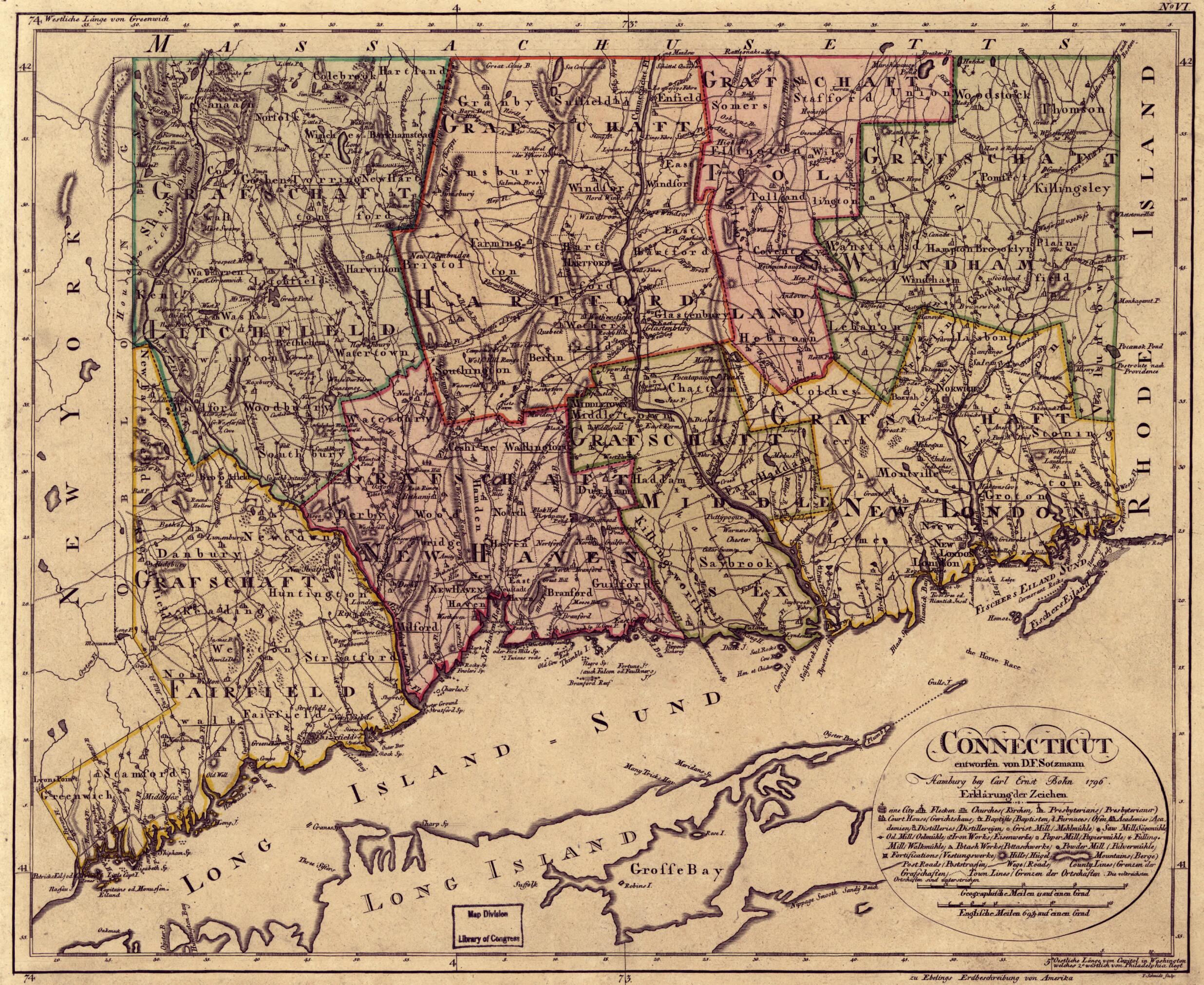 This old map of Connecticut from 1796 was created by D. F. Sotzmann in 1796