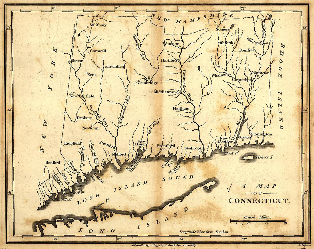 This old map of Connecticut from 1794 was created by John Stockdale in 1794
