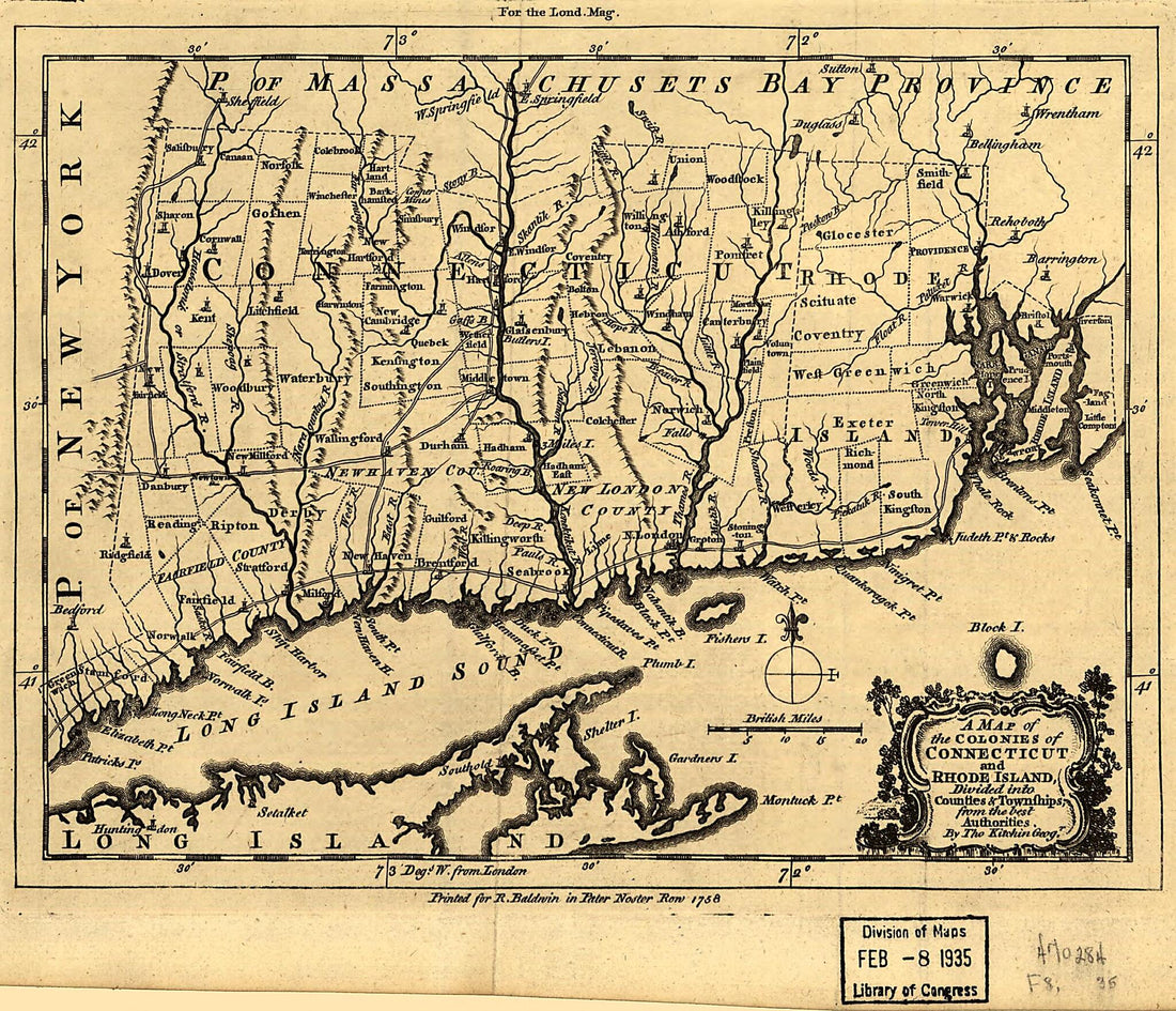 This old map of A Map of the Colonies In Connecticut and Rhode Island, Divided by Counties & Townships, from Best Authorities from 1758 was created by Thomas Kitchin in 1758